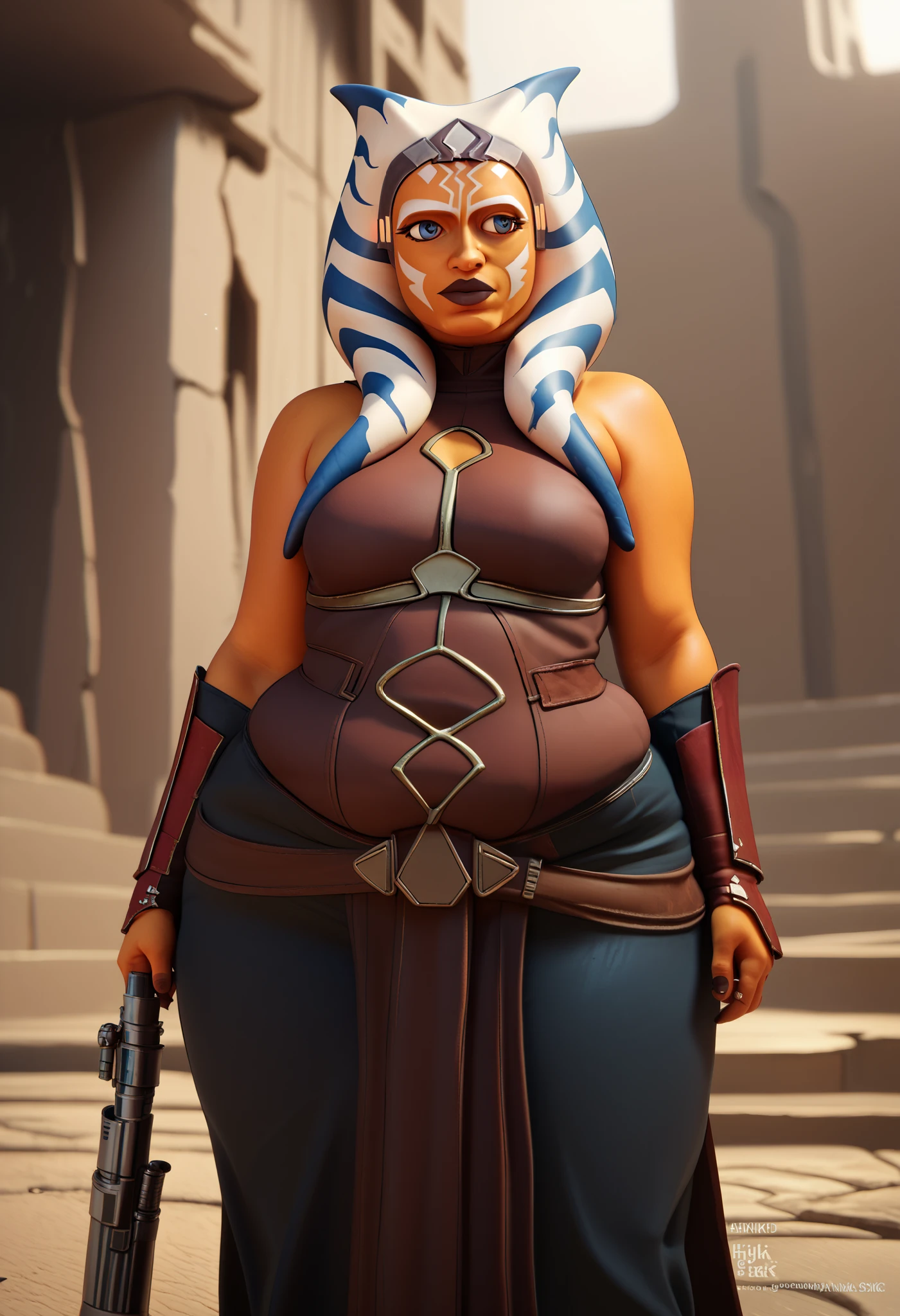 masterpiece, (photorealistic), (8k wallpaper) , (best quality), perfect quality, solo, (detailed eyes:0.9), girl, ahsoka tano, beautiful, teen, face : ( very beautiful face, beautiful, thin face, cute face, teen ) , figure: ( very full body, very full figure, very thicc, big deep navel, very thick, very soft, very curvy, very chubby, very chubby belly, love handles, sexy curves, sexy pose, sexy, muffin top, very thick thighs, thunder thighs) , clothes : ( padawan clothes )