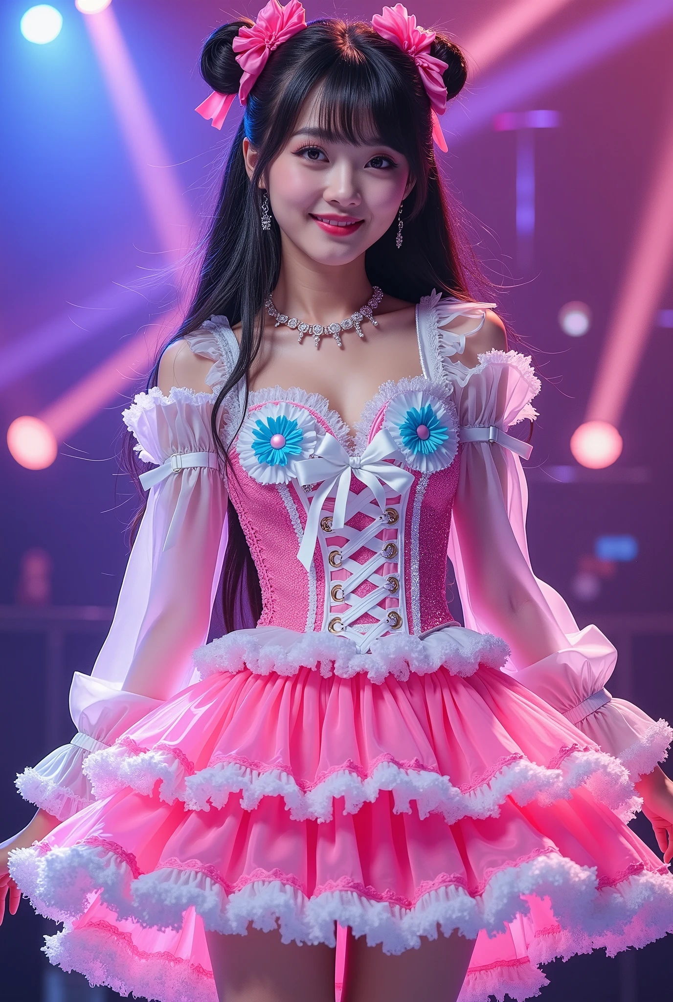 Create a highly detailed, realistic image of a young woman with long, dark hair styled with two small pink bows on either side. She is wearing a vibrant and transparent shinning glossy pink short dress that has a layered, frilly design with white ruffled edges on the sleeves and neckline. The dress has intricate lace-up details on the front, with white ribbons crisscrossing over the bodice. A large, white bow is tied around her waist, and the skirt is layered with multiple ruffles, alternating between white and pink frills. The upper part of the dress has a mix of white and blue accents, especially around the shoulders, giving it a lively, idol-like appearance. The girl’s expression is cheerful and playful, with a radiant smile, captured both in performance and posing with a slightly pensive look. Ensure that her outfit appears shiny and glossy, reflecting stage lights, and incorporate a vivid, performance-like atmosphere in the background.