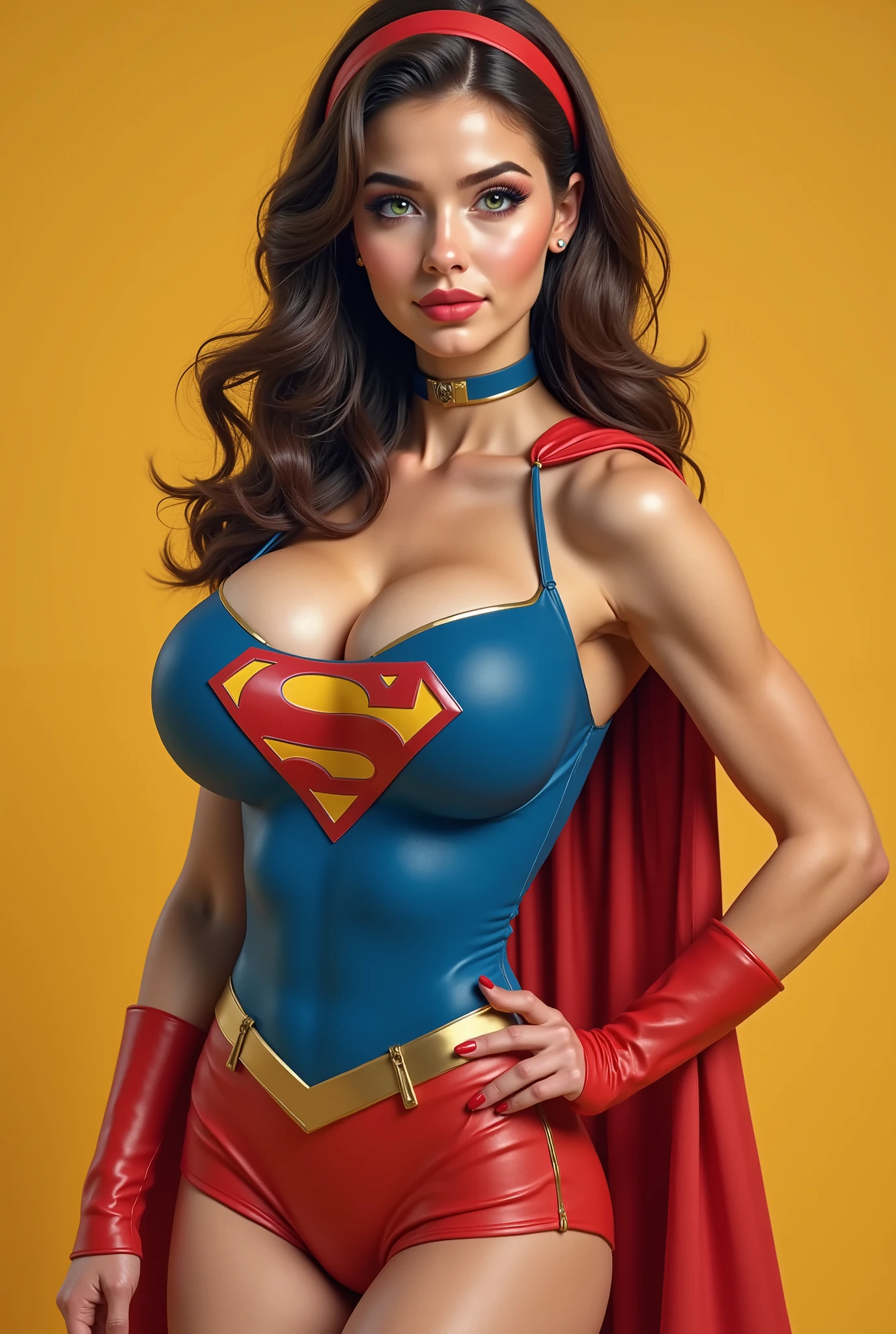 SEXY 20 YEAR OLD BRUNETTE WITH GREEN EYES WEARING A 1960s Supergirl SEMI TURTLE NECK style halter top with iconic "S" shield, Sleeveless design with fitted bodice, RED micro leather SHORTS with high-cut leg Red go-go boots reaching mid-calf, a long Red cape attached at shoulders Yellow belt with circular buckle Red headband Material: Stretchy spandex blend Matching red wrist cuffs Classic 60s silhouette Mini skirt option available Iconic House of El emblem Form-fitting design Period-accurate styling Gold trim accents Perfect for retro cosplay Authentic vintage look Inspired by Silver Age comics Bold primary colors Dance-friendly design. 4K SKIN TEXTURES, TEXTURED CLOTHING, DETAILED GREEN EYES, RED HEADBAND,
