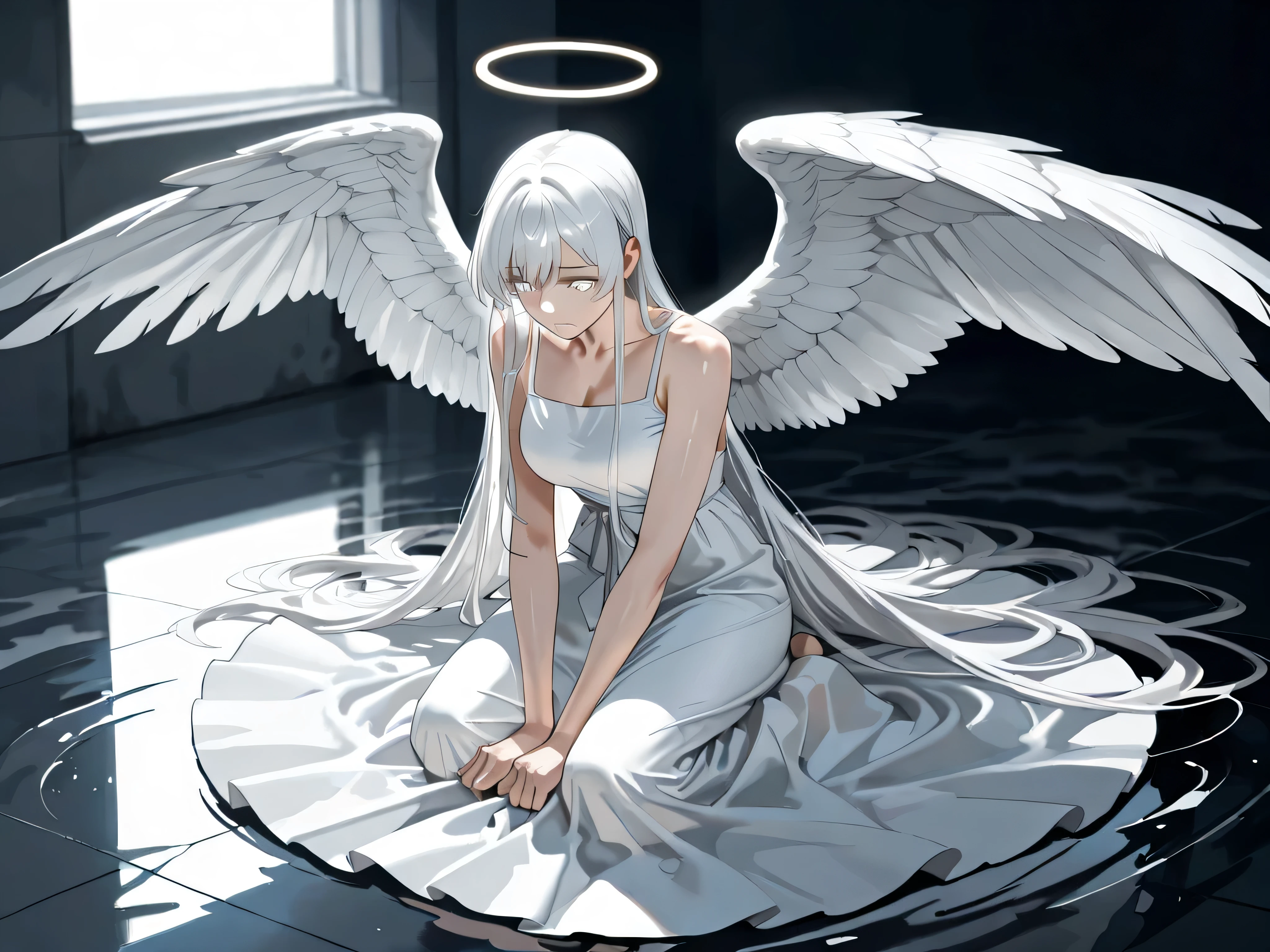 Angel girl with long wavy and shiny white hair, He has bright white eyes, huge white wings and a long all-white dress, The girl is kneeling with a sad expression on her face looking down at the floor, she is in a completely black empty place and waves of water grow from her position, Above the girl there is a faint flash of white light from which white feathers fall