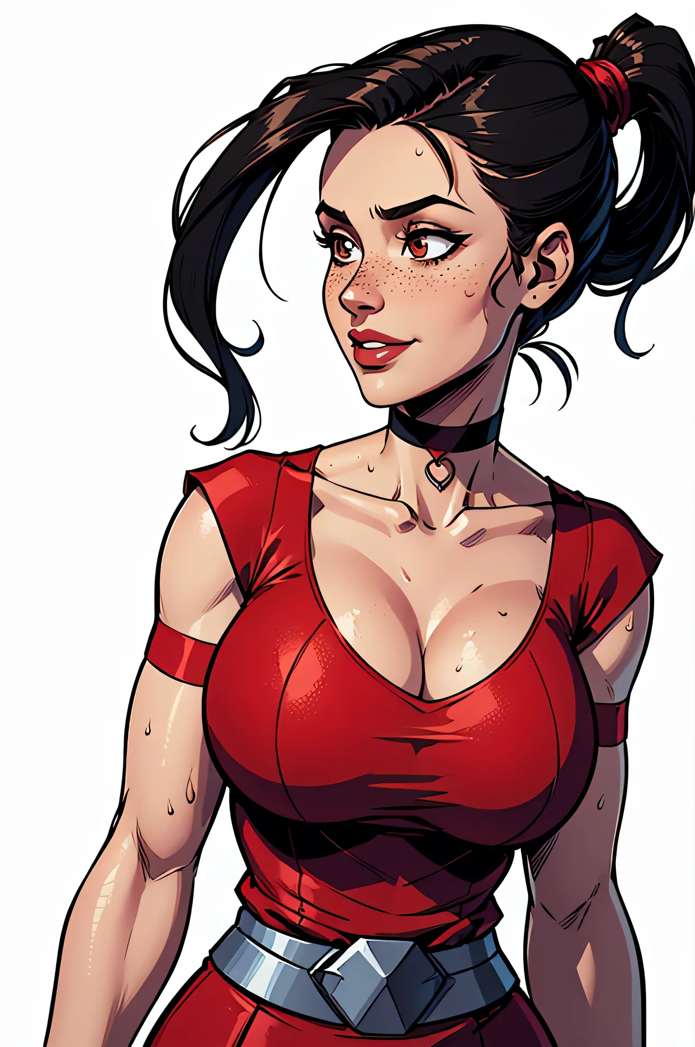 (  absurd,  high quality ,  ultra detailed,  be careful with your hand)  close up of an athletic woman, slim and curvy, 25 years, 8k ((  High Definition)), beautiful smile,  Seductive look,  brown eyes, nose fine,  wearing a red dress  (( V-neck,  short sleeves ,  choker)),  thin waist,  arms positioned on the sides of the body, pele caucasiana, long black hair miniskirt blouse ((  with ponytail and fringe)),  she's standing ((  Upper body ,  side view)), with freckles on the chest and neck , ((  large, round breasts , sweaty )), (( Well defined collarbone)). Marvel style ((  high quality  )),  white background.