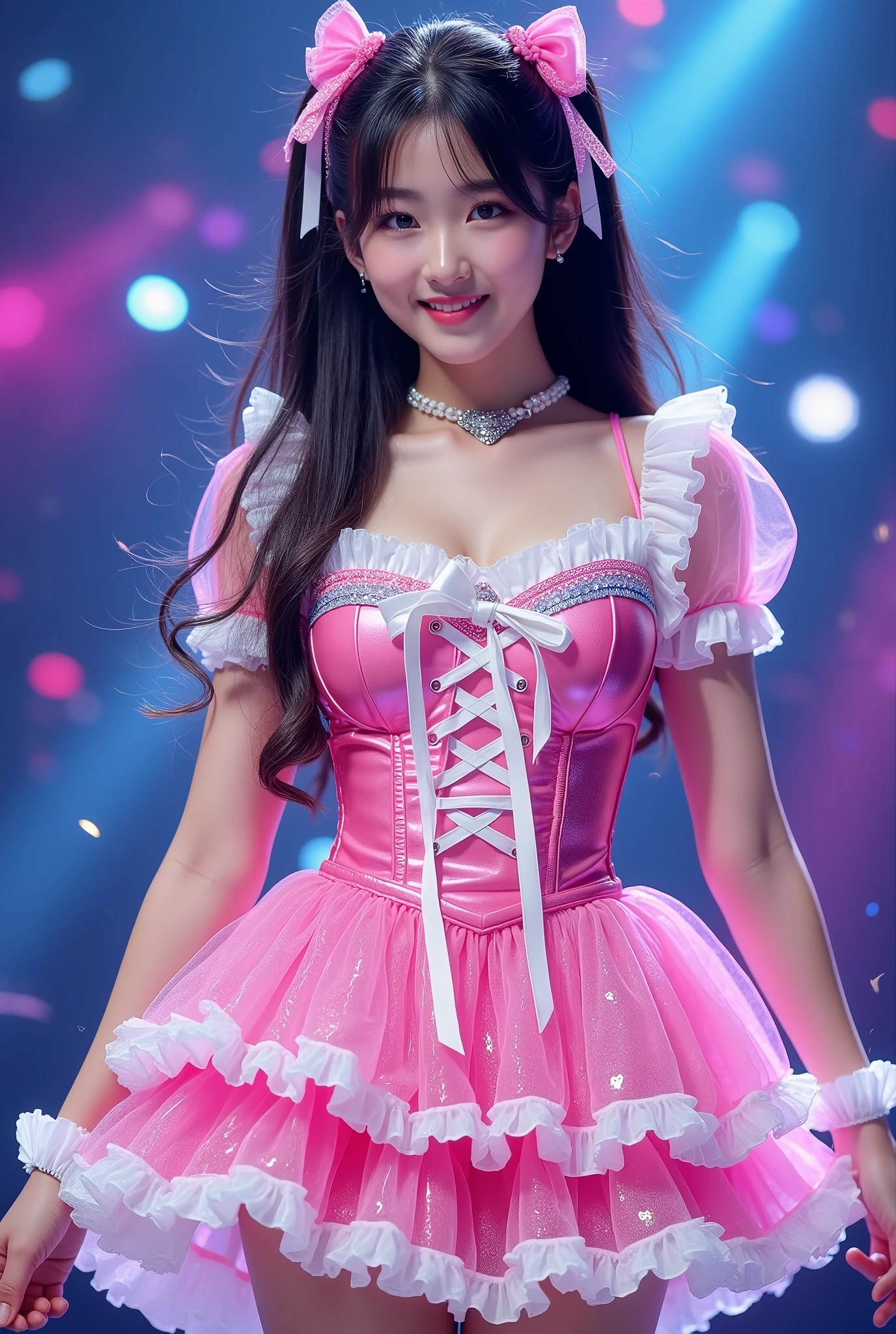 Create a highly detailed, realistic image of a young woman with long, dark hair styled with two small pink bows on either side. She is wearing a vibrant and transparent shinning glossy pink short dress that has a layered, frilly design with white ruffled edges on the sleeves and neckline. The dress has intricate lace-up details on the front, with white ribbons crisscrossing over the bodice. A large, white bow is tied around her waist, and the skirt is layered with multiple ruffles, alternating between white and pink frills. The upper part of the dress has a mix of white and blue accents, especially around the shoulders, giving it a lively, idol-like appearance. The girl’s expression is cheerful and playful, with a radiant smile, captured both in performance and posing with a slightly pensive look. Ensure that her outfit appears shiny and glossy, reflecting stage lights, and incorporate a vivid, performance-like atmosphere in the background.