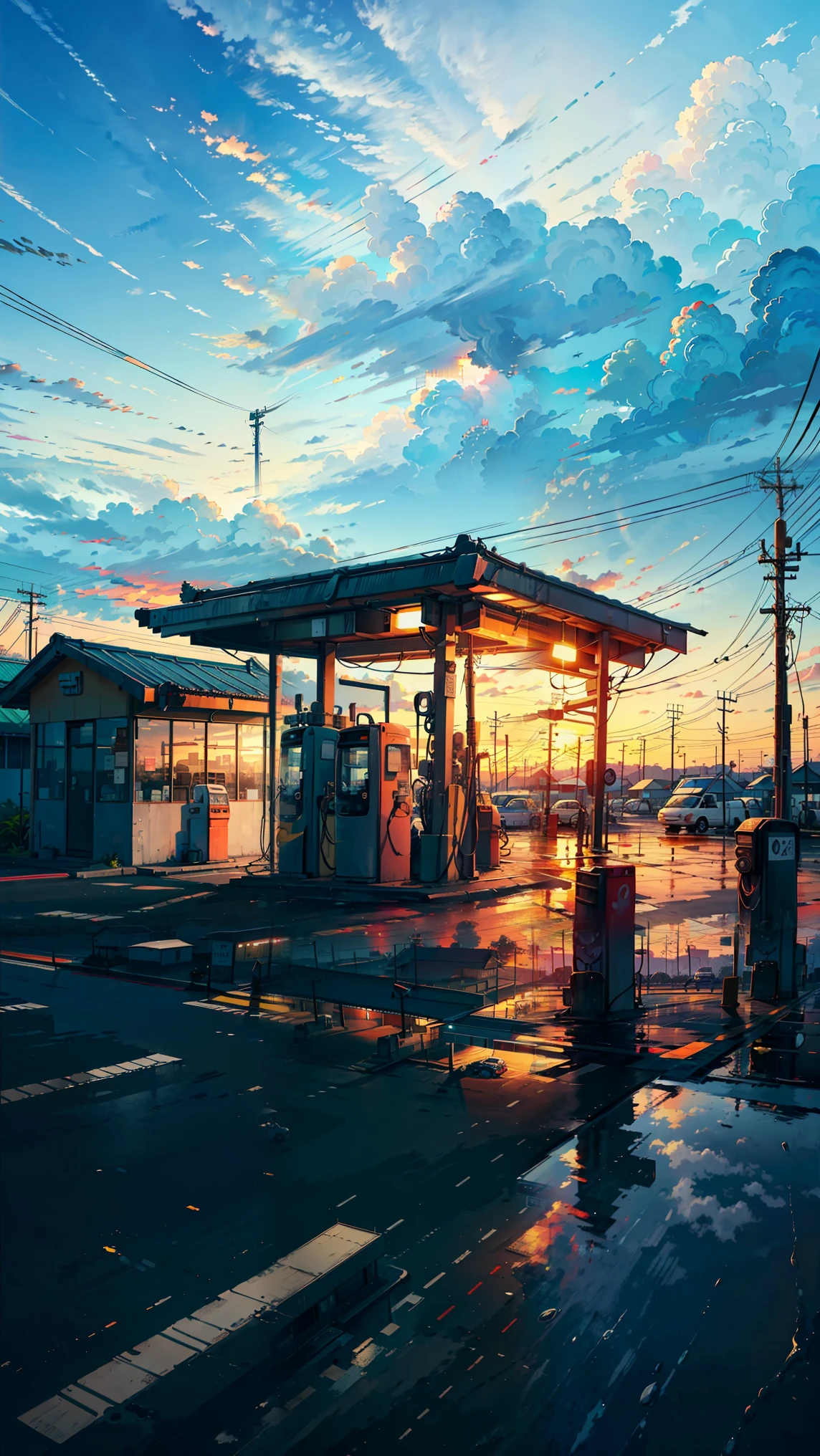 Petrol station, vibrant colors, highly detailed, masterpiece quality, cloudy sky, telephone poles, wide angle view