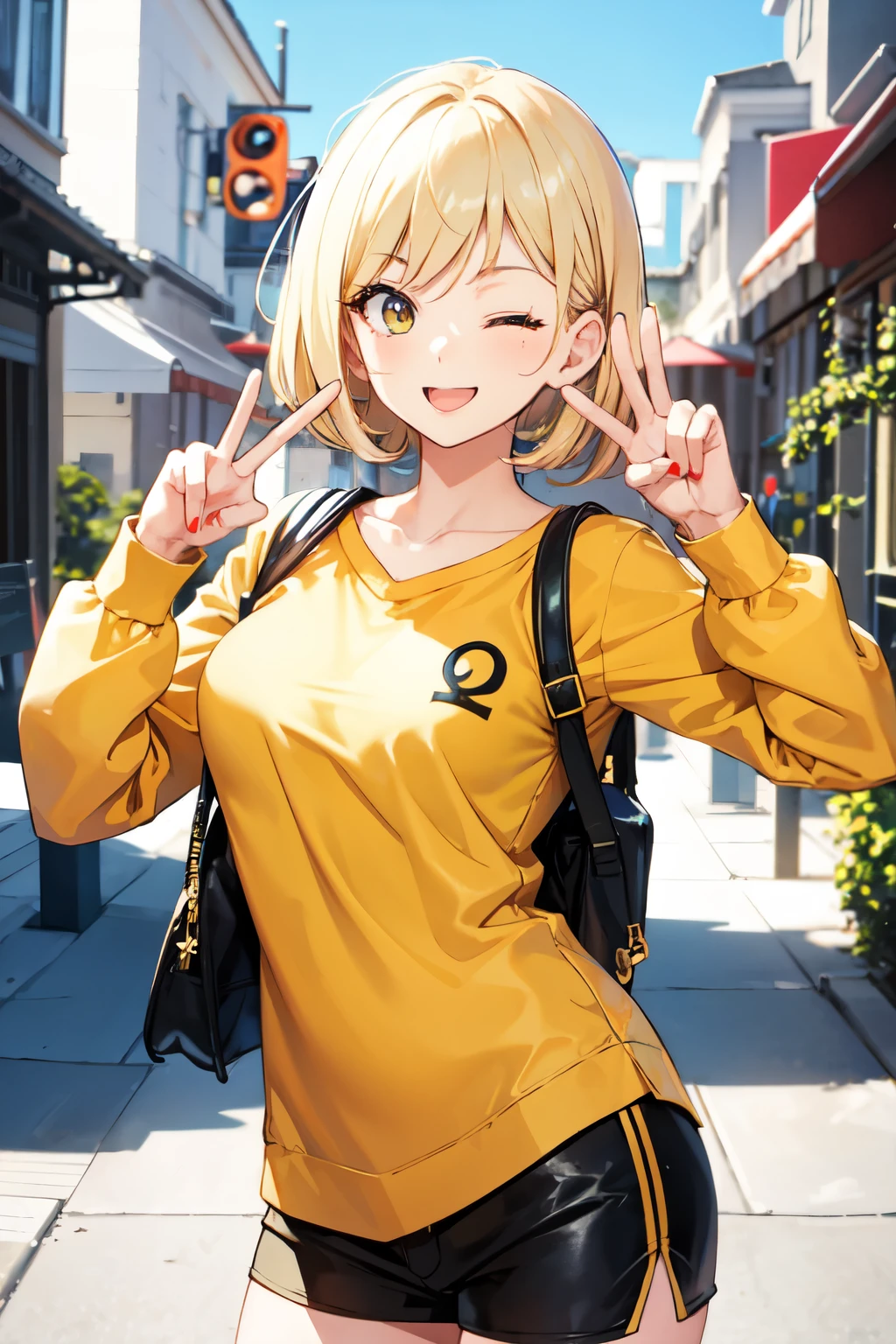 girl,peace sign,blonde,one eye closed,gal style clothing,posing for the camera,yellow clothes,twocolor