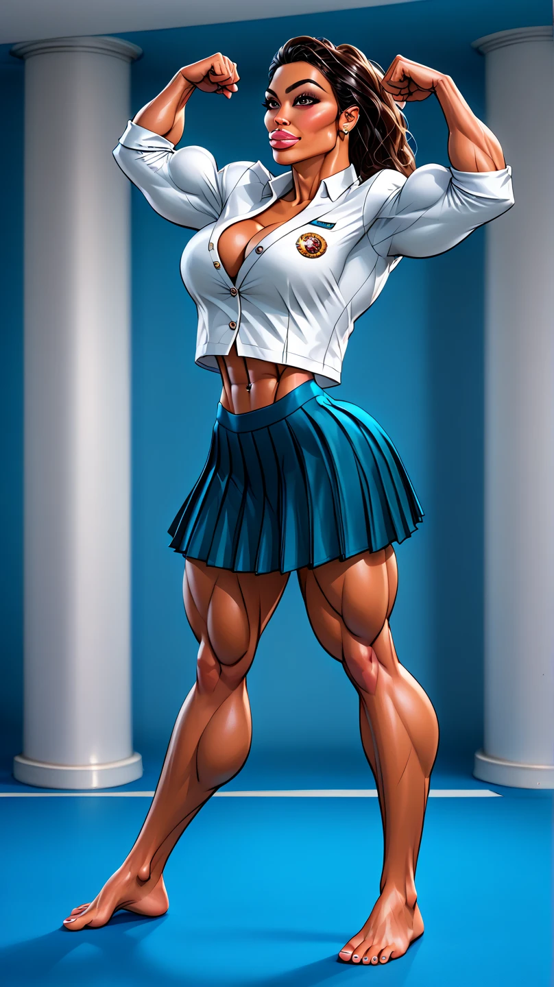 (Muscular:1.9), ((thick muscular legs, wide hips:1.9)), asian female, short shoulder length hair, jet black hair, (wearing glasses:1.1), earings, eyeshadow, lipstick, bokeh, (freckles:0.9), (ten pack abs:1.4), upper body view, (long large hard nipples:0.9), ((small perky breast implants:1.4)), choker, (school uniform, thin fabric:1.9), (sculped muscles:1.9), bokeh, detailed eyes, (athletic body:1.2), (muscular body:1.9), (looking at viewer), (smile:1.5), round ass, dark bedroom, nighttime, thigh high socks, rim lighting, two tone lighting, dimly lit, clean skin, low key (DETAILED SKIN)