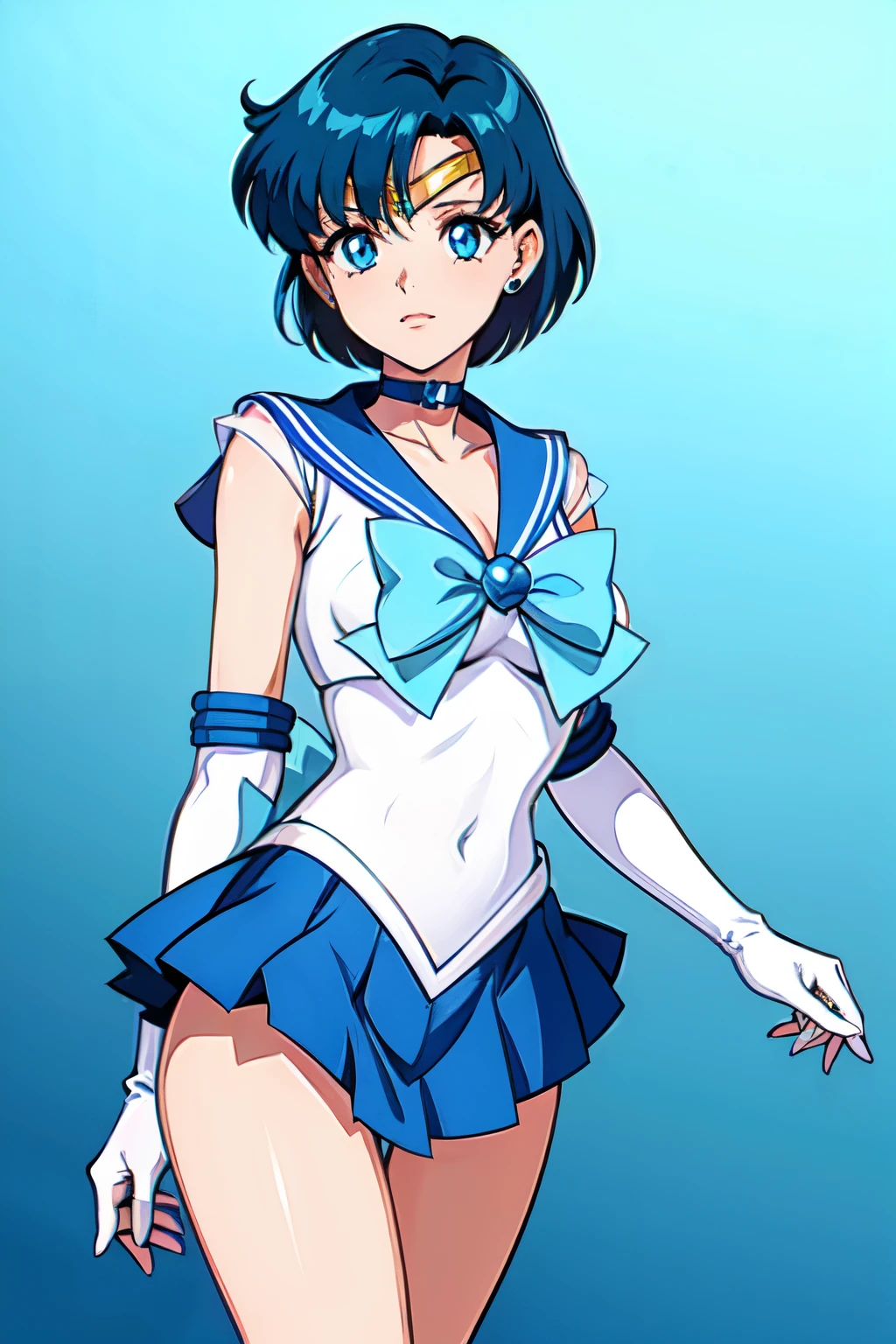 masterpiece, best quality, highres, mer1, tiara, sailor senshi uniform, blue sailor collar, bow, knee boots, choker, white gloves, blue choker, elbow gloves, jewelry, earrings, blue skirt, cowboy shot, standing, space_background