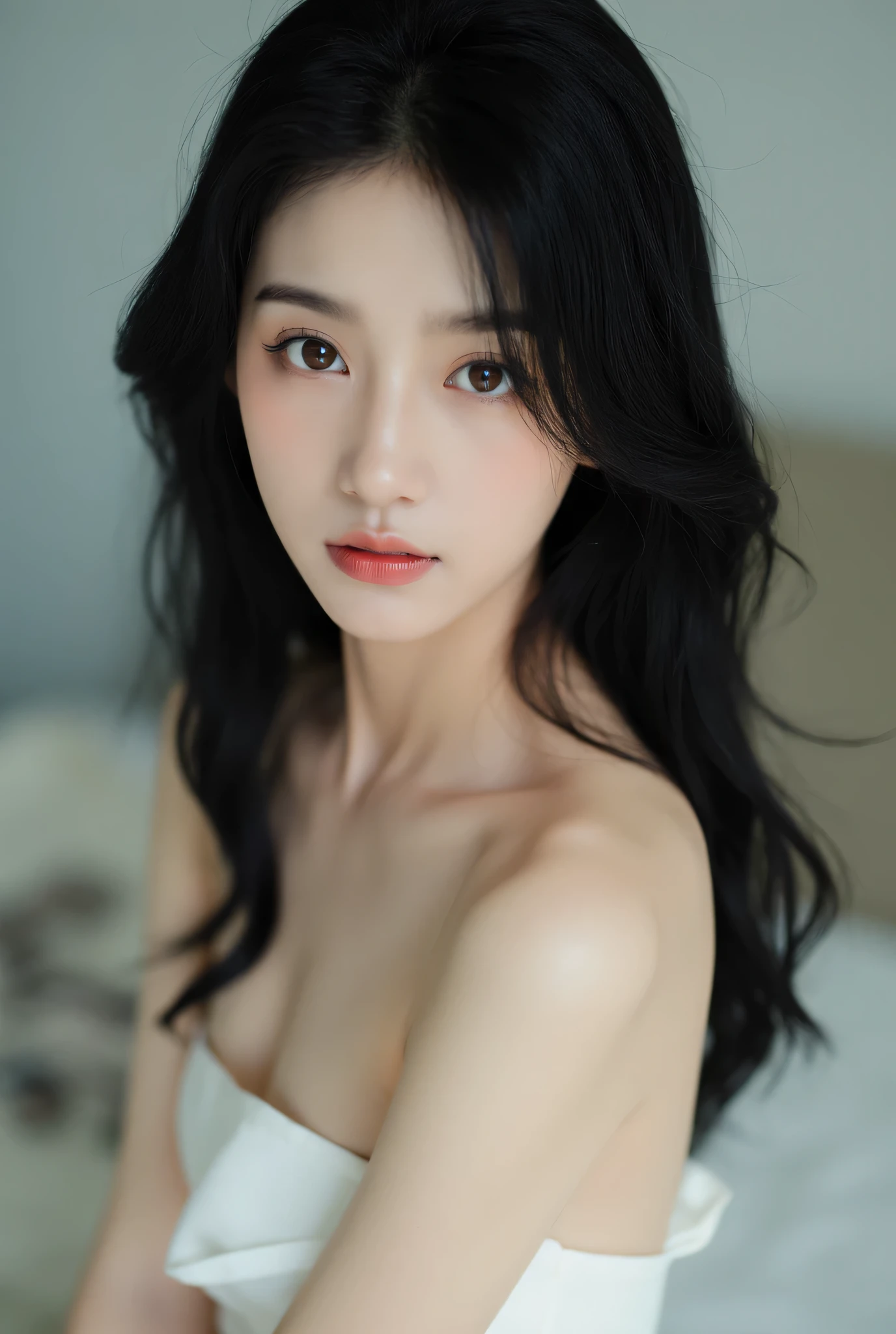21 year old model girl, skin color very white like porcelain,  with long straight hair, black hair, brown eyes color, medium breasts, having a photo session
