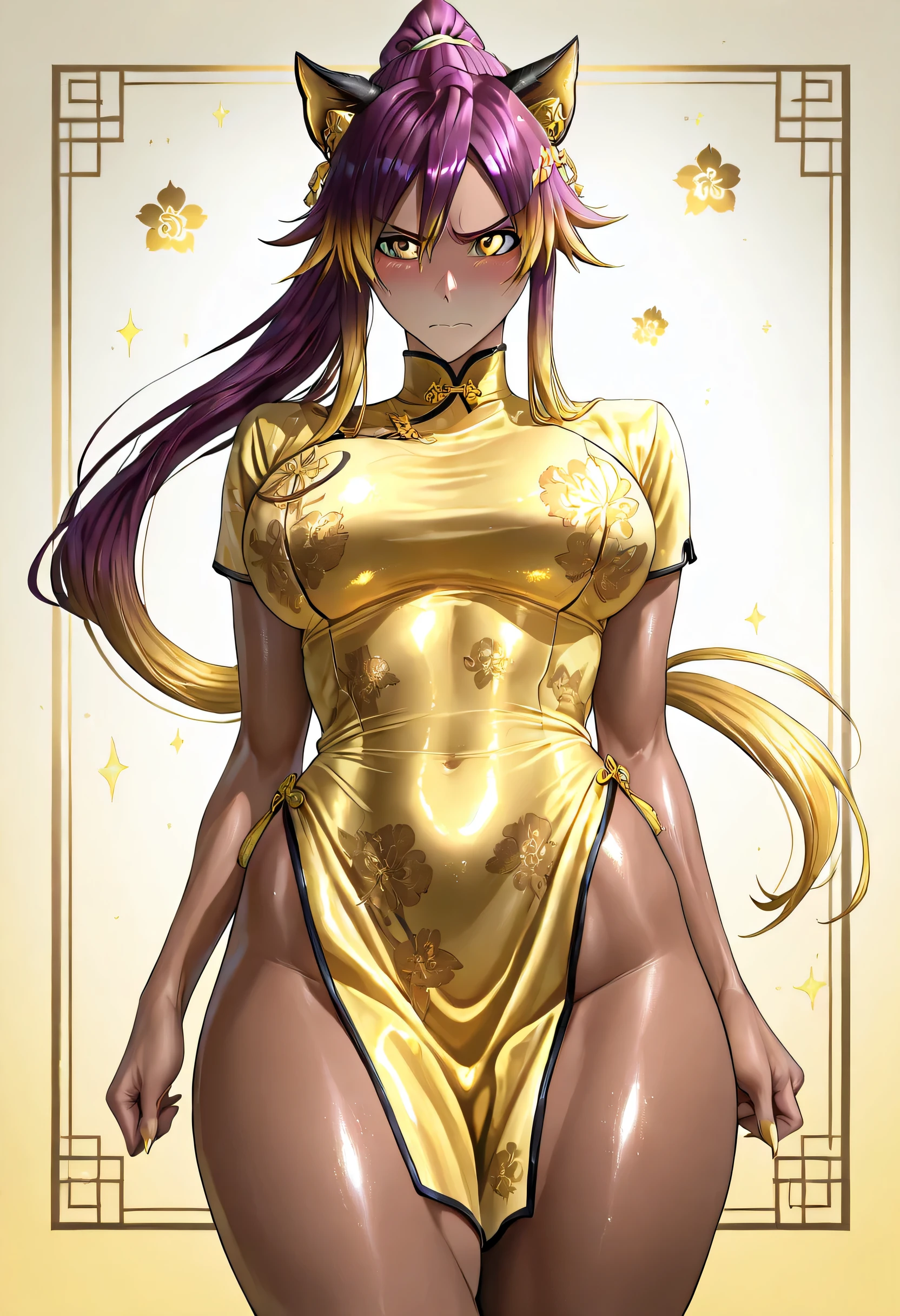 whole body、 1 girl, solo,  Sifuin Yoichi, bleach, purple hair , ponytail,  brown skin、athletic,(Cat ears) , attractive thighs、 china dress, embarrassed、 golden eyes, highly detailed irises, soft glowing effect, translucent reflections, bright and vibrant gold color, gradient shading, sparkling highlights, dreamy atmosphere,  Ultra HD, 4K 