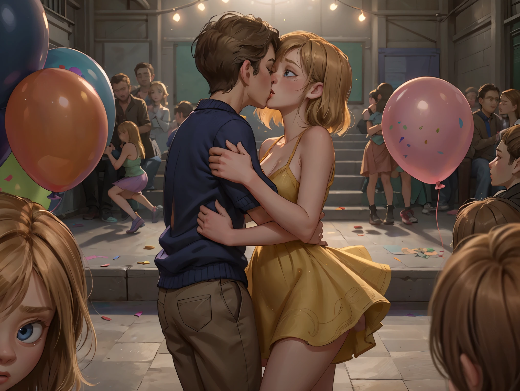 Kissing couple boy and girl, A stunning and intricate full color portrait in Ultra-HD, (1girl) slow dancing with (1boy), detailed face with light makeup, short blonde hair, blue eyes, (glittery purple party sundress_short with spaghetti straps), alessio albi, nina masic, sharp focus, natural lighting, subsurface dispersion, f2, 35mm, she is wanting a kiss, (school dance in gymnasium), (puppy love), epic character composition, sfw, ((capture the exhilaration of first kiss)), disco-ball, glitter, balloons