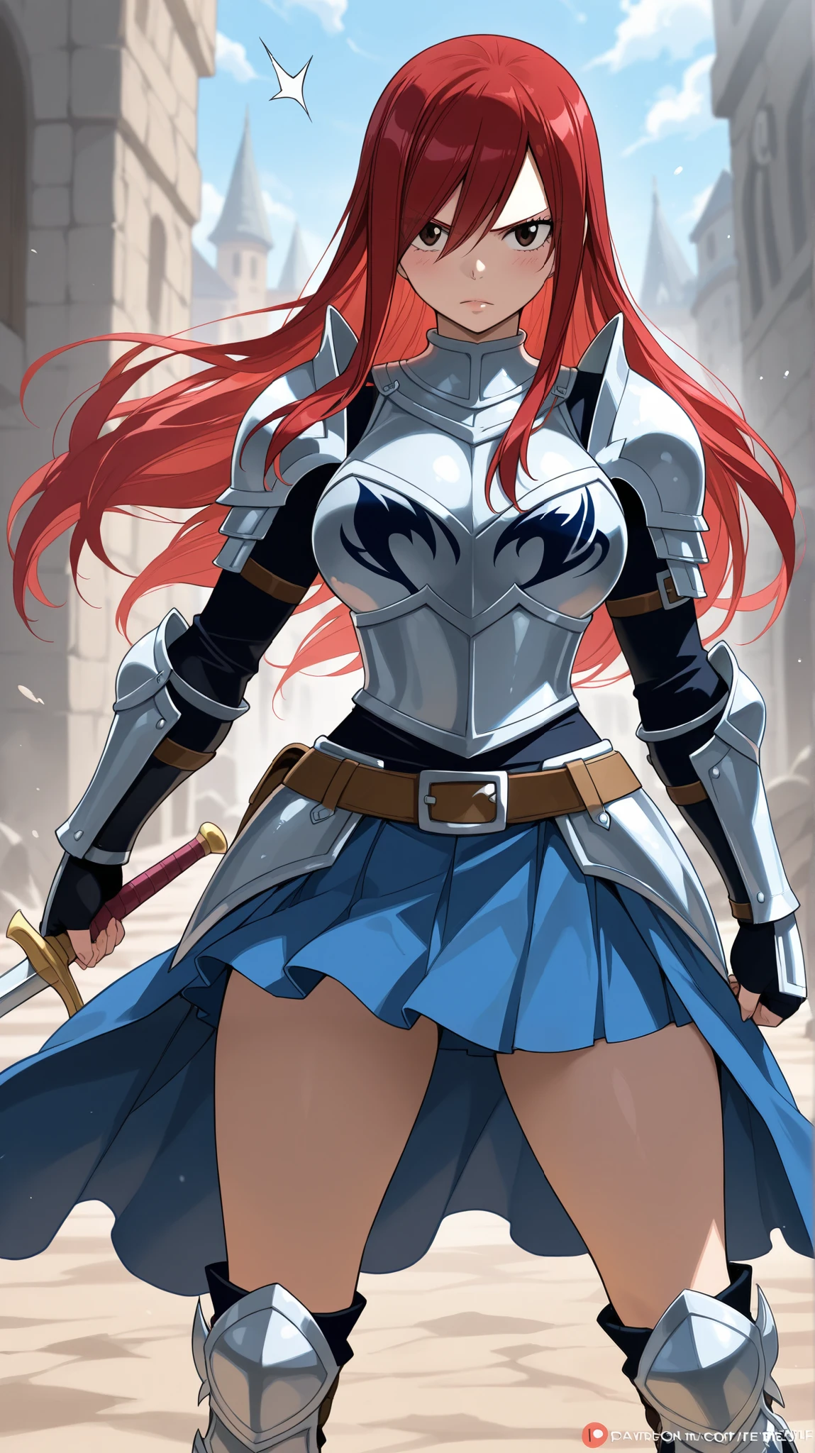 ((A red-haired warrior, from behind, wearing a short skirt on the ass, showing the ass, shot from below, Using plate armor, Steel gauntlets, steel gloves and steel breastplate, Looking back, Wearing a skirt)), very detailed skirt, (She doesn&#39;t wear underwear, skirt showing big teddy, raunchy, Round ass, pussy showing, smooth pussy showing from below, (up skirt), wind lifting skirt, sexy possession), medieval fantasy, d&d, RPG, work of art, best qualityer, 8K, ultra realistic. The most desired girl in the world has transcendental beauty, with expressive eyes, clear green eyes, arched eyebrows, sensual lips and radiant skin. Your facial structure is symmetrically perfect, with delicately sculpted cheekbones and a refined chin.