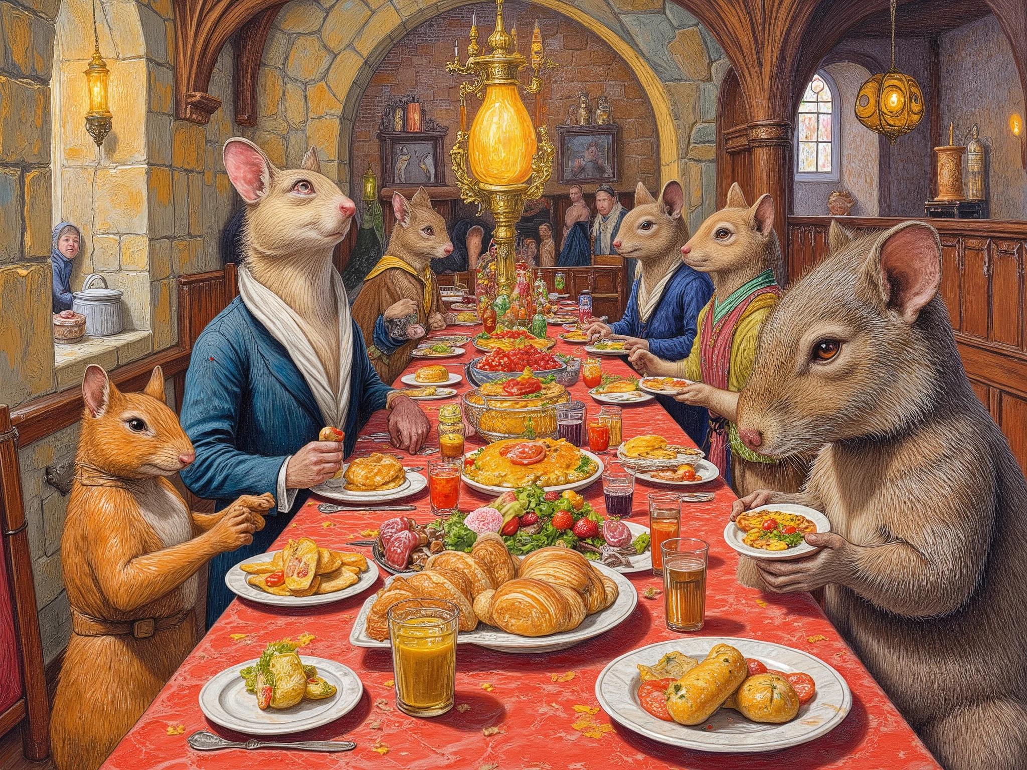 A bunch of redwall creatures having a feast, watercolor painting , mice, badgers, squirrels, hedgehogs, anthropomorphic