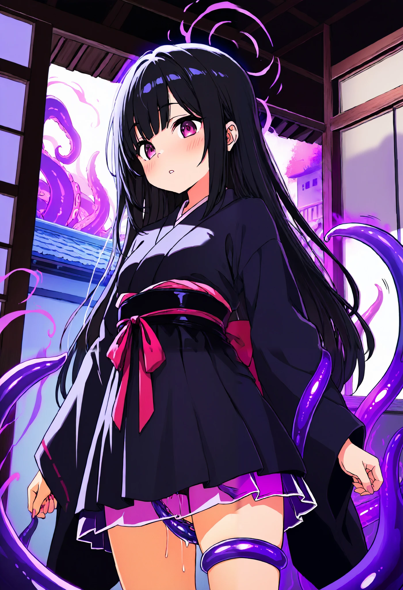 A girl with tentacles. A giant girl. A kimono dress. A miniskirt. A black kimono. Black hair. Long hair. Tentacles growing from the skirt. Purple aura tentacles. Translucent tentacles. A Japanese building. Indoors.