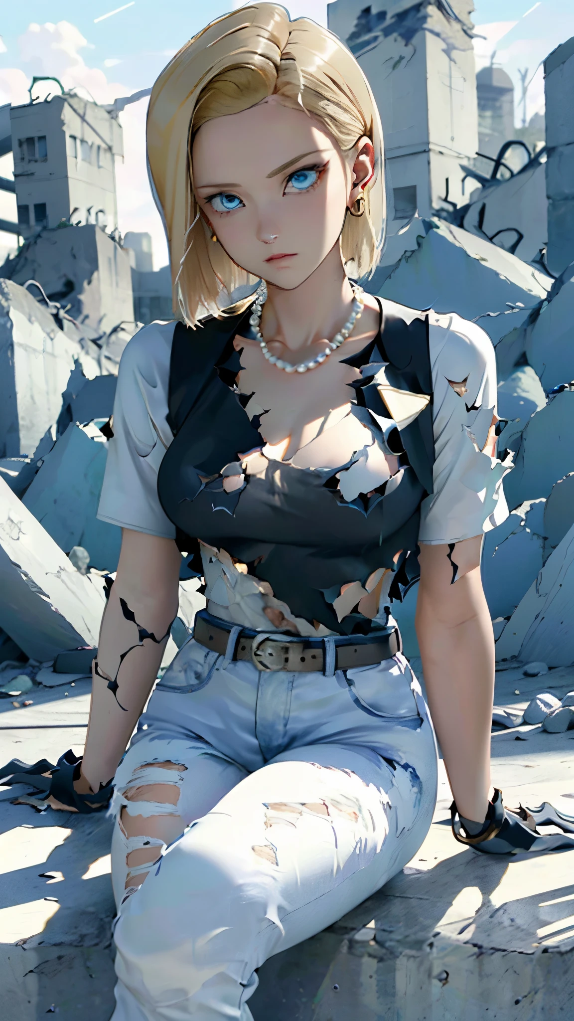 best quality, highres, and18, 1girl, android 18, solo, blonde hair, blue eyes, belt, jeans, pearl_necklace, bracelet, black gloves, white shirt, short hair, short sleeves, earrings, blue pants, open vest, black vest, large breasts, (ruins:1.3), (torn clothes:1.5), sitting, expressionless, crossed legs,