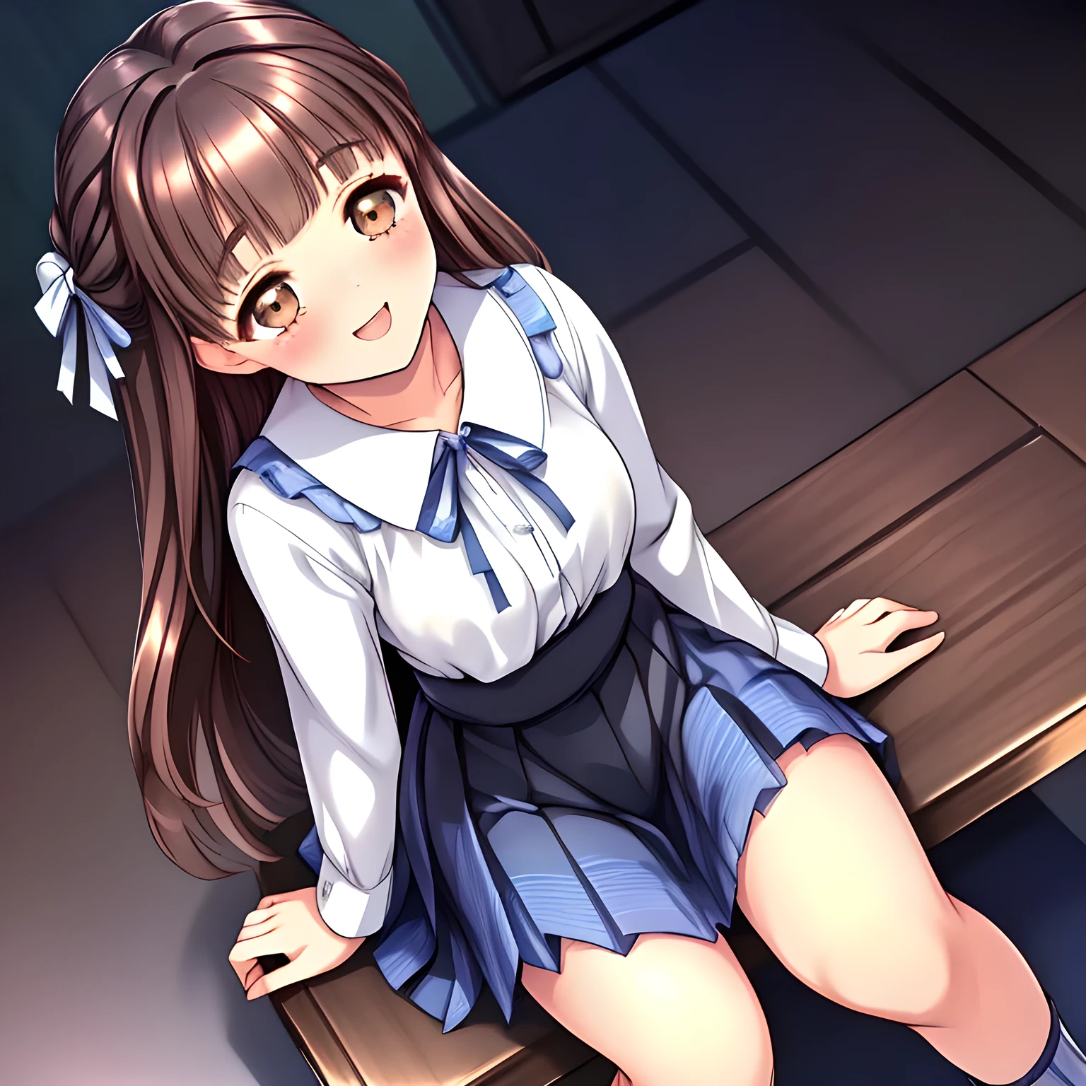 (highest quality, masterpiece:1.2), highest quality, High resolution, 1080p, 8K, solo, (A 16yo beautiful pretty fashion model succubus is seated on a wooden chair nobly and turning to me, ((laughing at me)), (looking down on me), most beloved girl in the school, (intelligent and perfectly balanced slender style), feeling too funny, amazingly neat & clean, in peace and neat lovely strong charm, cutely tilted head: 1.8), (Too noble beautiful lady like a love-story comic heroine), (laughing like watching a comedy), (showing a long lewd tongue), A very lovely, very noble, pretty and pure beautiful girls. ((Bursting out Laughing very elegantly)), ((white grown face)), Using expensive whitening cosmetics by cosmetics artist: 1.2), A white face that everyone loves, Glossy lips, (curled) bangs, (Too beautiful blue fascinating shiny (double-lidded) (brown eyes) with love to the viewer, ((deep upper girly eyelid)), laughing with detailed clearly: 1.5), ((amazingly beautiful straight (slightly wavy) long black light hair: 1.5)), (Sailor-style school uniform, (Neat smart (white silk blouse))): 1.8), (A very neat, (fully tartan-checkered pleated blue skirt with thin fabric belt): 1.2), (too pretty shiny light-yellow realistic school ribbon): 1.5), (Shiny game heroine lips, extremely laughing open mouth: 1.0), (Ribbon in (black hair), long thin braids, The ribbon is big and very pretty), (Tight waist, slender like a beautiful fashion model: 1.5), (The background is (plain black space with lovely heart stars) to emphasize her fascination: 1.8), (The lady knows well about the viewer's super fetishism for school uniforms, and satisfies it completely in the viewer's lewd dream: 1.7), (beautiful neat fascinating cute noble atmosphere in a high school only for beautiful ladies to learn how to be charming: 1.8), (one girl, take a full body shot: 1.2)