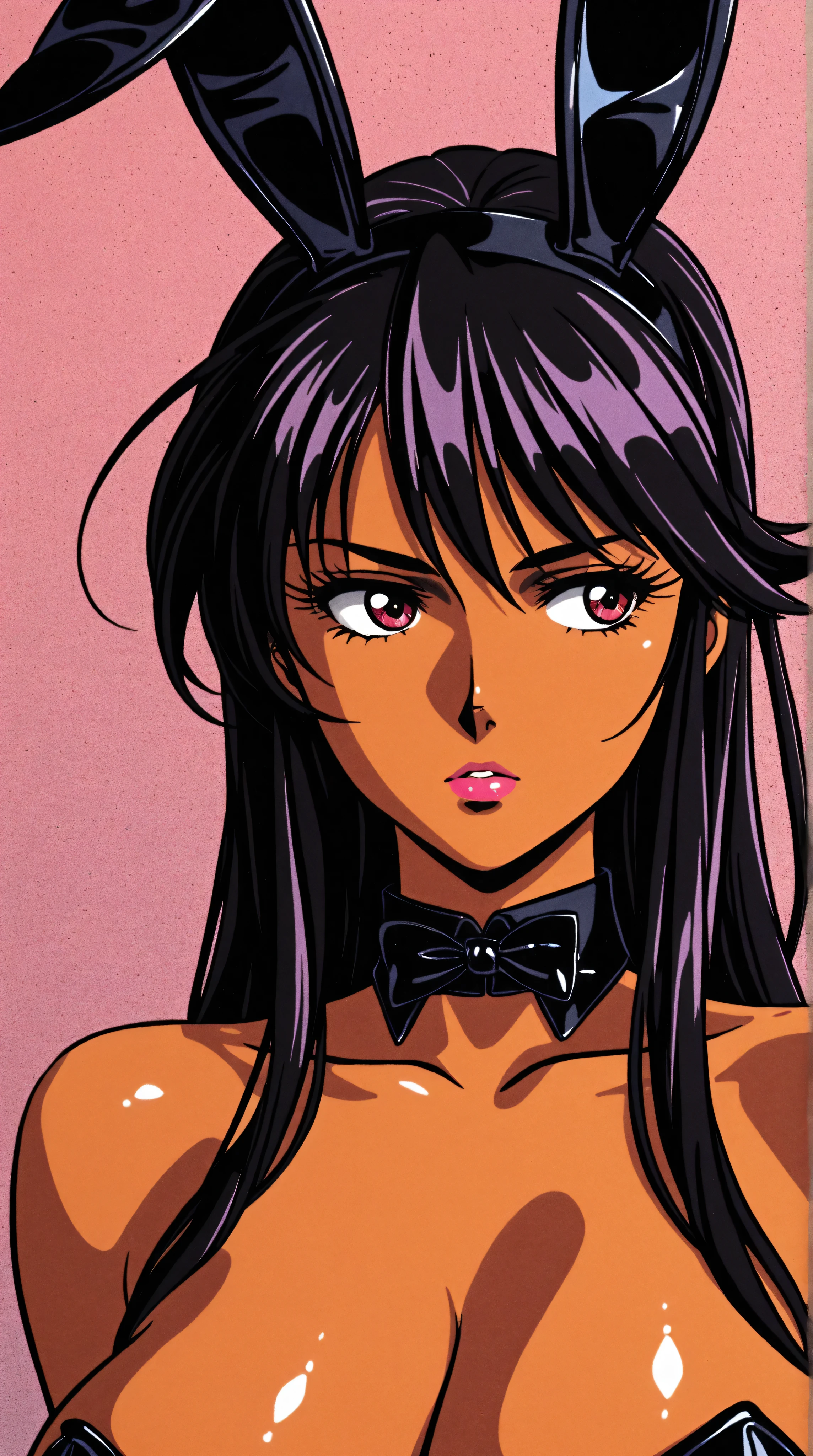 Kizi，Highly detailed, Amazing work，Vitreous luster,((clean backdrop))，In black，(red colors)，white color，Best quality at best，clean backdrop, shiny skin, goth, plunging neckline, huge breasts, cleavage, style retro classic, master piece:1.5、(minimal art, line drawing), illustrated anime, (eyes looking off to one side), upper body, eye focus, (eyes looking off to the side), shiny skin, japanese woman, bunny ears, portrait , (Andy Warhol), anime, cell shading, big breasts, cleavage, sexy, 