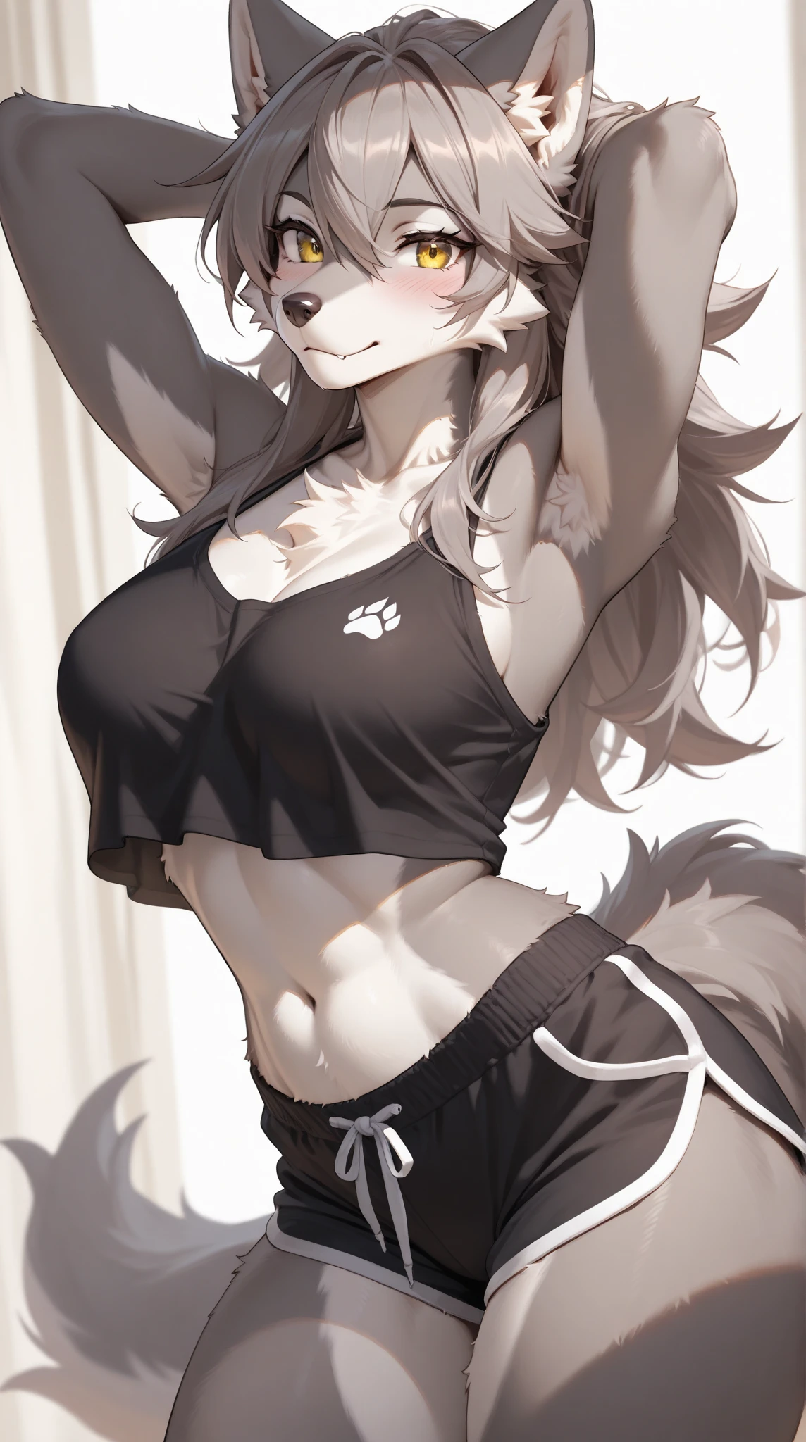 (Masterpiece,Best quality,Ultra detailed),1girl,(messy hair),dark brown hair,wolf ears, wolf tail,delicate:1.2,Beautiful,yoga pants,sports bra,(strong abs),dark yellow eyes, bright eyes,wet skin