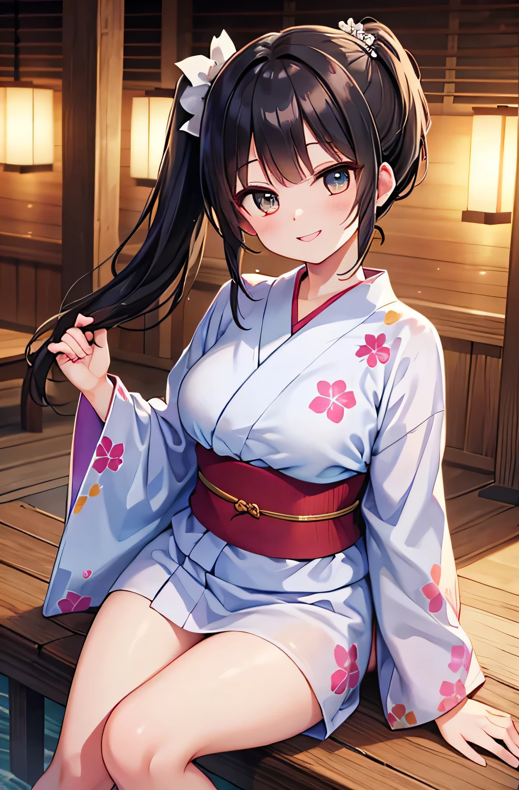 Beautiful Japanese women depicted in the highest quality manga。Her eyes are expressive、Have a perfect face。She has the charm of a cute anime character.、Wearing a beautiful Japanese kimono。The kimono has a dragon embroidered on it..、Features black and red colors。She has long black hair typical of Japanese women.、I have a ponytail hairstyle。Her single eyelid is attractive、A sexy look with a hooded eye style、deep set hairstyle。Her smile exudes a mysterious charm、She brightens up the situation with beautiful images。(((please sit and spread your legs)))