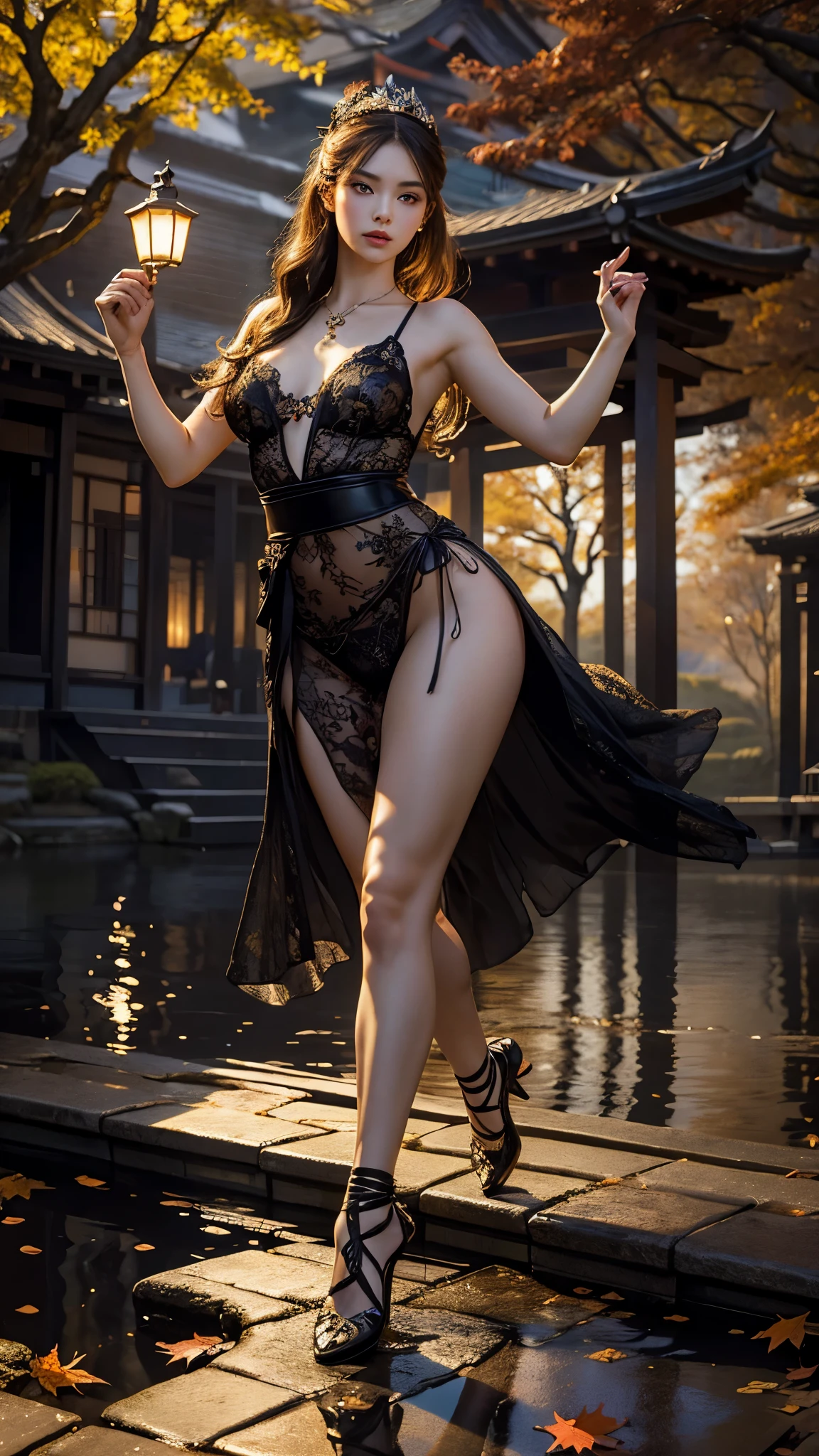 24-year-old Caucasian woman、Hair is brunette、Eye color is blue、Semi-long、Slender but well-proportioned muscular man、My abs are cracked、The belly button is out、a smile、I'm wearing a necklace、accessories on wrist、Wearing off-shoulder tops、I'm wearing low rise leggings、I'm wearing pin heels、At the photo studio Horizont、wearing a lace choker