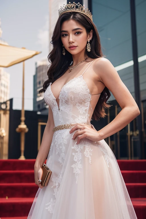 ((Midnight, Best quality, 8k, Masterpiece :1.3)), Whole body, Long legs, Sharp focus :1.2, A pretty woman with perfect figure :1.4, Slender abs :1.1, ((Dark brown hair, Big breasts :1.2)), (Fashion wedding dress, Standing:1.2), ((Night city view, Rooftop:1.3)), Highly detailed face and skin texture, Detailed eyes, Double eyelid