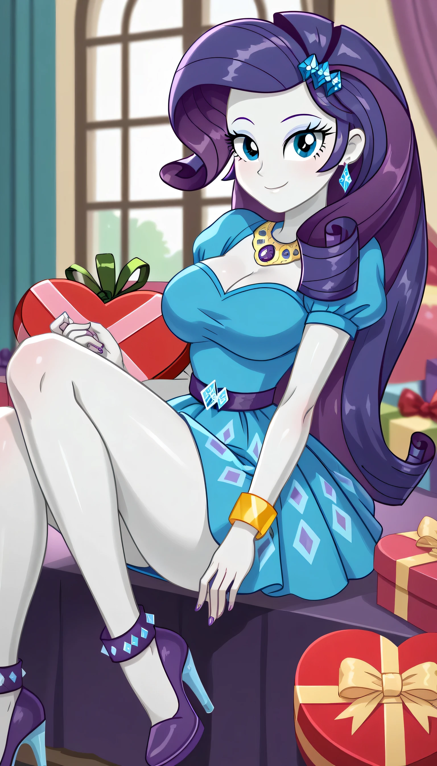 smile, valentine, , looking_at_viewer, , breasts, , gift, belt, huge_breasts, , box, , , chocolate,  RARITY, EQUESTRIA GIRLS, BRACELET, CLOTHING, DRESS, WOMAN, SHIELDING GEODE, HIGH HEELS, JEWELRY, LEGS, RARITY PEPLUM DRESS, SHOES, SKIRT, SOLO