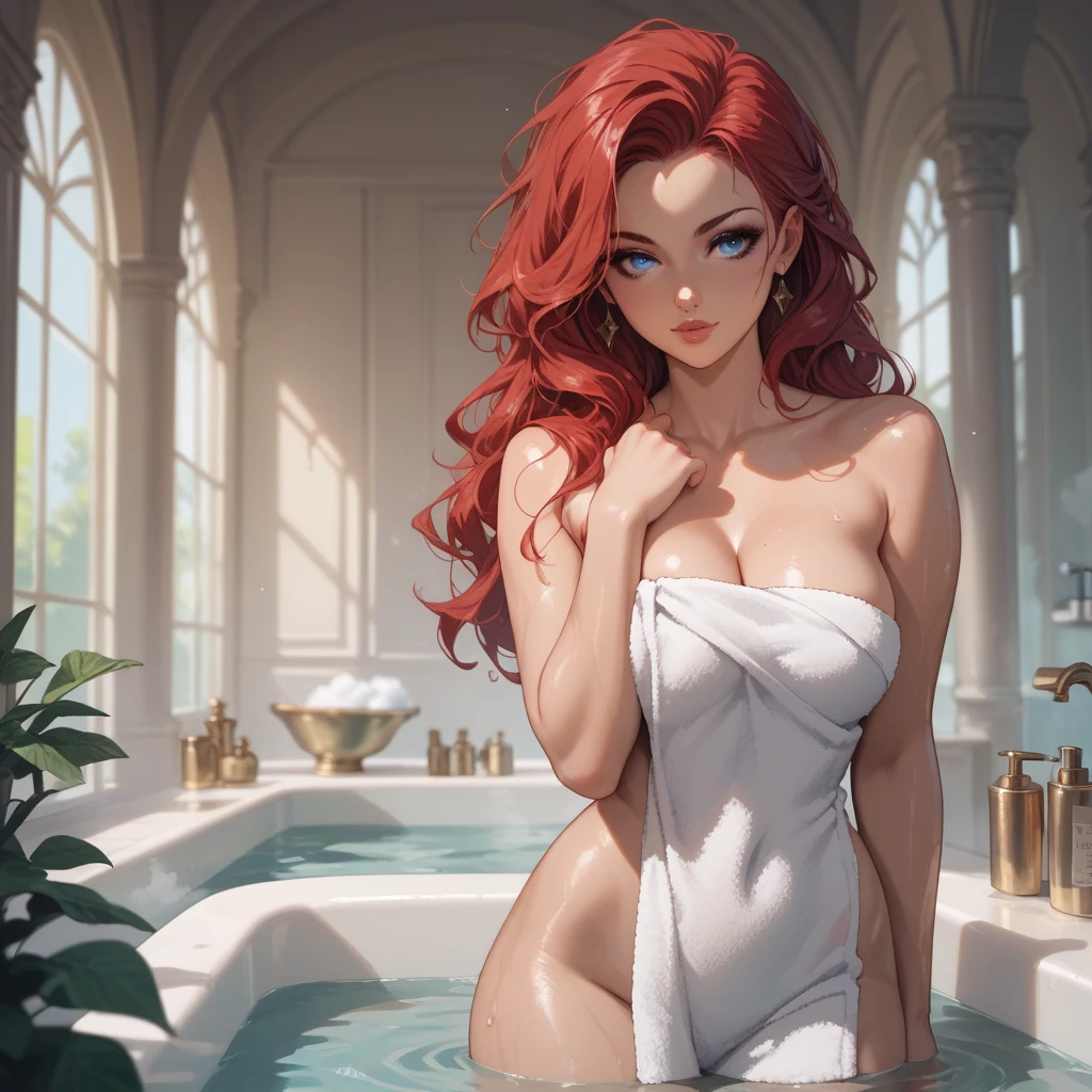 Create an image of Yang Guifei, the famous Chinese imperial consort, bathing in a serene and luxurious setting. She should be depicted in a tranquil outdoor bath, surrounded by lush greenery and blooming flowers. Yang Guifei is partially submerged in clear, sparkling water, her long black hair cascading around her shoulders and blending with the water. Her traditional silk robe is draped elegantly at the edge of the bath. The background should feature elements of classical Chinese gardens, such as ornate stone carvings, bamboo groves, and a pagoda in the distance. soft, natural lighting enhances her ethereal beauty and creates a peaceful, intimate atmosphere.(((Red hair)))、(((naked))、(((Female organ)))、(((pubic hair)))、(((Back view)))