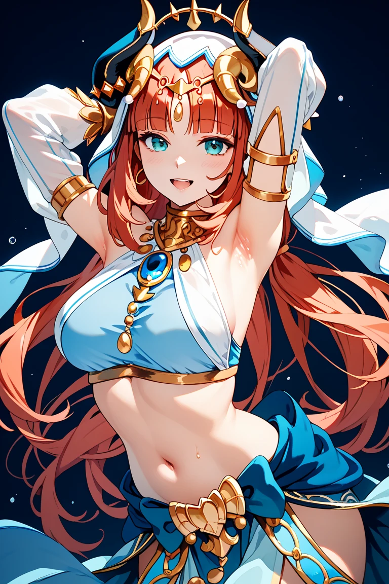 (masterpiece), best quality, expressive eyes, perfect face,Mature female,1 girl (nilou,Genshin impact),(harem outfit,exposed midriff,topless),royal bedroom background,medium breasts,smile,topless,nipple,slim figure,