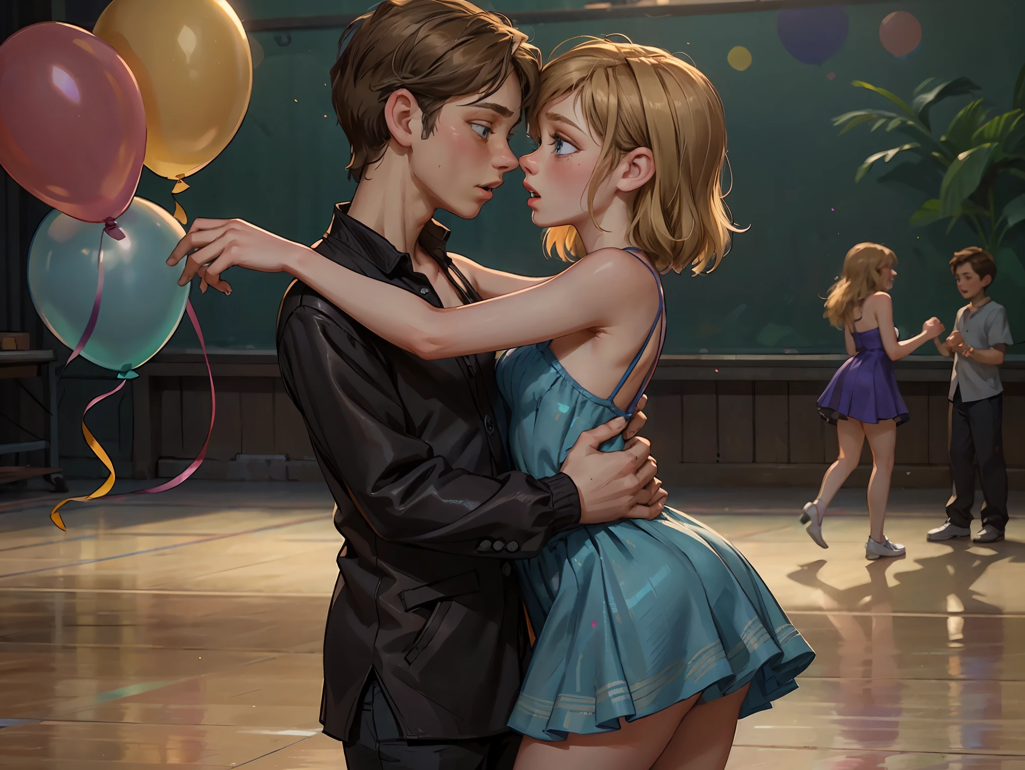 ((Slow dancing couple boy and girl)), A stunning and intricate full color portrait in Ultra-HD, (1girl) slow dancing with (1boy), detailed face with light makeup, short blonde hair, blue eyes, (glittery purple party sundress_short with spaghetti straps), alessio albi, nina masic, sharp focus, natural lighting, subsurface dispersion, f2, 35mm, she is wanting a kiss, (school dance in gymnasium), (puppy love), epic character composition, sfw, ((capture the exhilaration of first love)), he is grabbing her butt, disco-ball, glitter, balloons