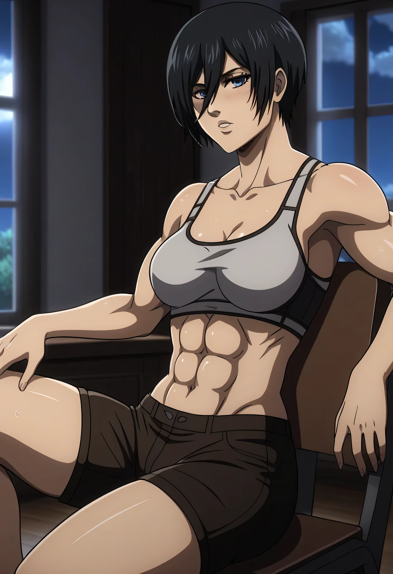score_9, score_8_up, score_7_up, BREAK source_anime, mikasa ackrman, blue eyes, black hair, short hair, medium breasts,Mikasa wreanig black tight sport Elastic fiber bra and black sport modern under shorts,mikasa with good looking body,perfect lighting,mikasa final season design,mikasa mappa version,sitting on chair, Perfect generation,mikasa boy hairstyle,mikasa season 4 version,attack on titan graphics,in night,HD wallpaper,perfect colors,pixie cut hairstyle,fighting face,,wet body,mikasa flat stomach,mikasa only six-pack,normal body size,anime style,tone six-pack,attack on titan season 4 style,upper body,close review to character,bra design as tank top, mikasa handsome face,in bedroom,light trun off in room,mikasa alone in room,solo,1girl, serratus anterior muscles,Qblique muscles,female navel,too white skin,short appear in mikasa pants,Mikasa muscles lines detailed,l,hand laying on side chair,choza sitting,reviewing from side mikasa,too close to character review,.,wet hair,Neat and shiny hair,Attractive towards women,perfect fixing,workout,mikasa have shifter marks underneath her eyes indicates that she was transformed into titan,a bluge between mikasa legs indicates that she have not erect penis in shorts,Mikasa have a penis inside her short,mikasa Futanari female,mikasa under short don't have a buttons,sexual attractiveness,