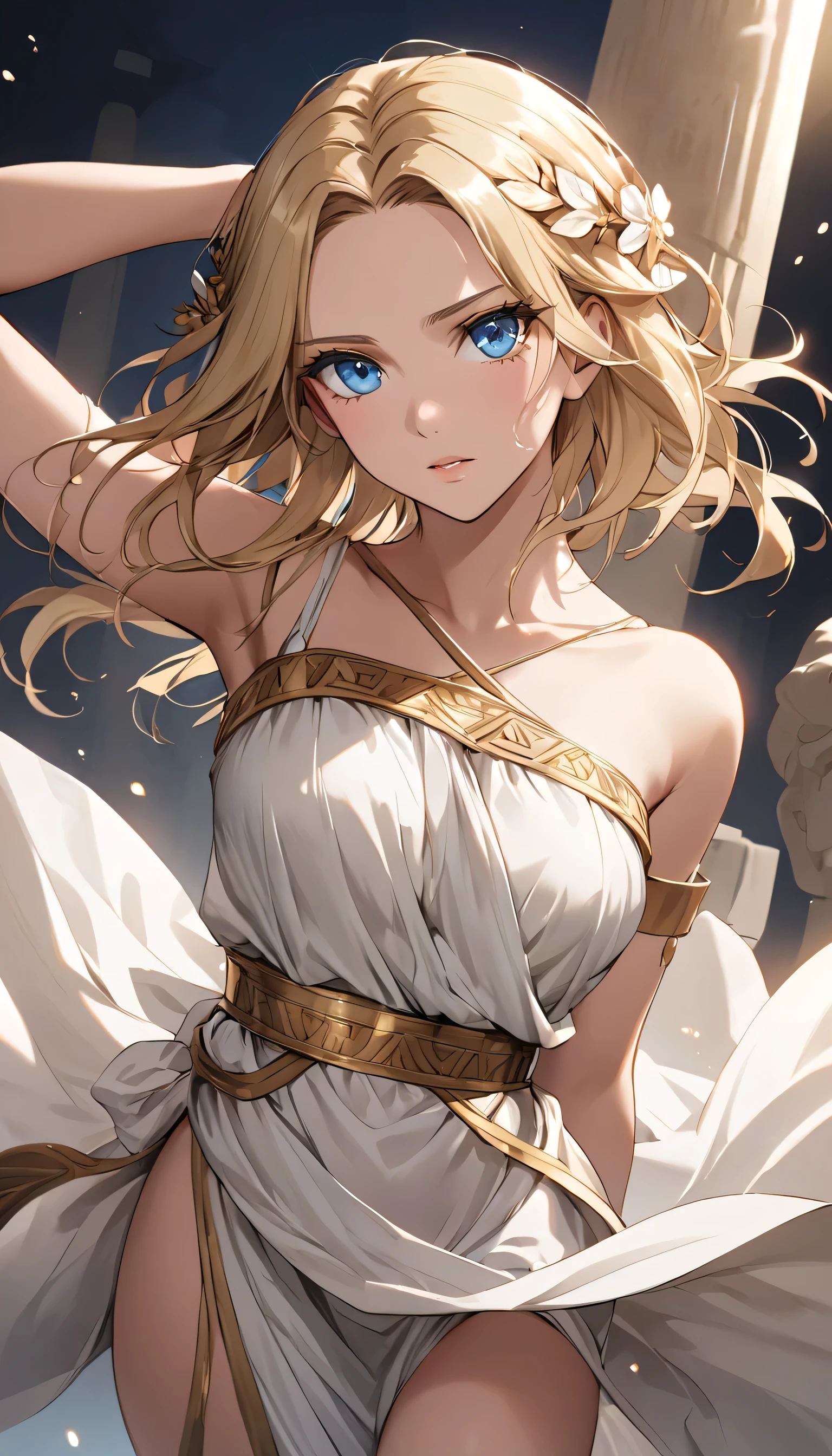 Glamour girl,( female 1:1.5),  blond and blue eyed,  Perfect Eyes、 perfect eyes、 medium length hair, Open forehead, beautiful face
Greek-style clothing, Greek clothing,  Greek Goddess ,  ancient Greek , Ancient World ,  white dress,  Open Thighs ,  Ancient Greek world 