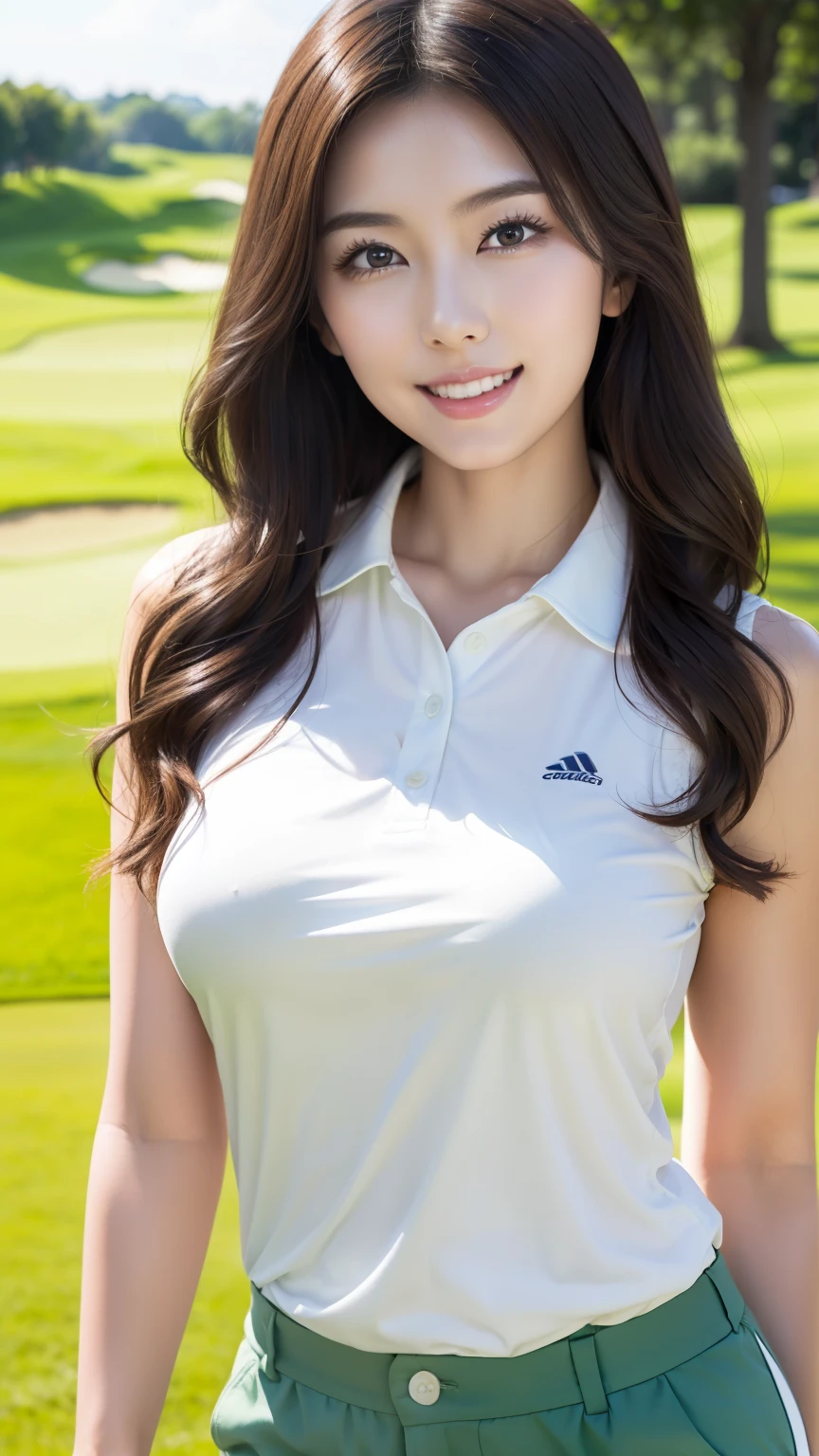 (masterpiece, high quality, High resolution,High resolution ), (Playing golf24Old Japanese woman:1.3)、Tight golf wear、Very detailed,colorful,Most detailed, (Dynamic Movement), Beautiful Face、Japanese、(Super big breasts:1.8、Narrow waist:1.3)、Realistic face and skin texture、photo shoot、3D、超A High resolution 、Perfect Anatomy、Golf ball hitting pose、long hair