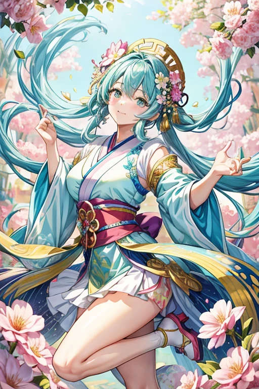 (beautiful woman, wavy hair, Light green hair), smiling lightly, big breasts, cleavage, (kimono:1.4, antique pattern, ruffles:1.2), (antique design), short boots,Full Body、 antique background, simple background, (top quality, masterpiece, high resolution,detailed),animated style,flat style,(eyes shining iridescent colors illuminated light,detailed beautiful face), BREAK,extremely detailed,high saturation,floating,dynamic angles,animated