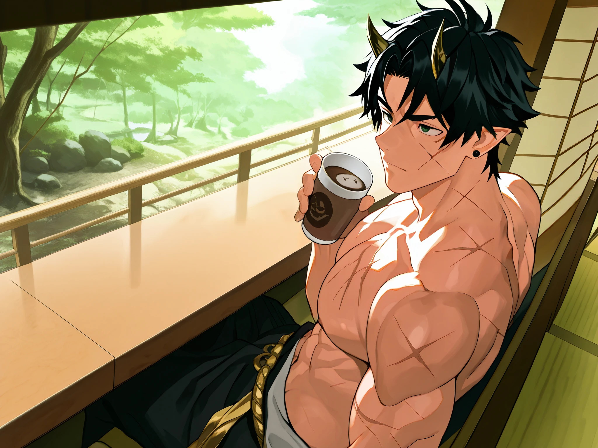Anime panel ,Oni 18 year old boy, Korean, fair skin,angular face, BLACK hair is characterized by a voluminous and textured top, , shaved or shorter sides and an elongated back., defined body, brinco e piercings,small pointy ears, cheerful expression,Green and serious eyes, with scars and gold metal tattoo, small metal horns, Gothic style , muscular, highlighted metallic accessories, inspirado em Wuthering Waves, shirtless, drinking coffee, Cottage, Japanese restaurant , open air, nature, Beautiful day, sitting, alone