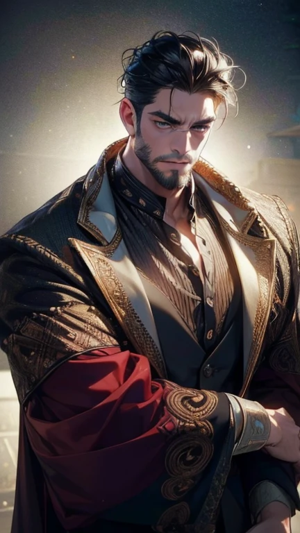 ( league player ,4K,8k, highres, Masterpiece :1.2), ultra-detailed ,( realistic,photo realistic,photo- realistic:1.37),36-year-old man,3 day beard,Beautiful anime,Portraits,strong,Masculine, with black hair ,sharp jaw, mesmerizing eyes , perfectly combed hair , cool anime outfit, Confident expression , vibrant colors, dynamic lighting , expression of love . bouquet of flowers.
