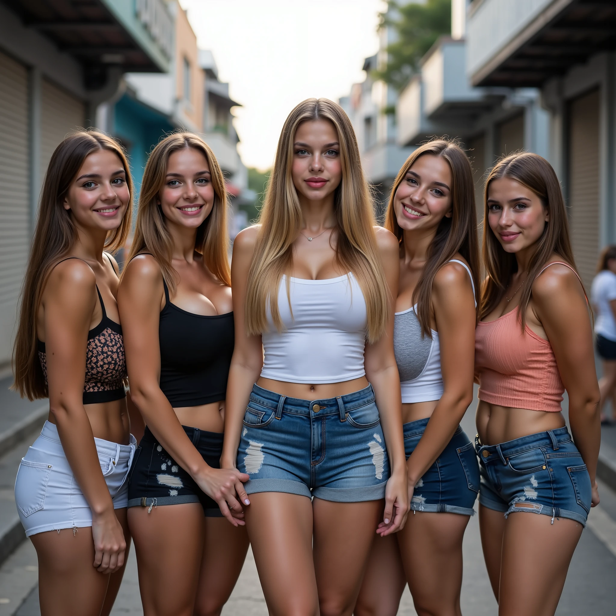 5 girls, -yeld Thgirls in casual street outfit , very sexy, good figure, long blonde hair, Braids, stand next to each other in a busy alley in the city center. very big lips , very full lips . laugh, Wide open mouth, look at the viewer. 16k, high resolution , best quality , super Details, textured skin , masterpiece, super-detailed textures, dramatic sky background , cinematic lighting , backlight , masterpiece, high level of detail .