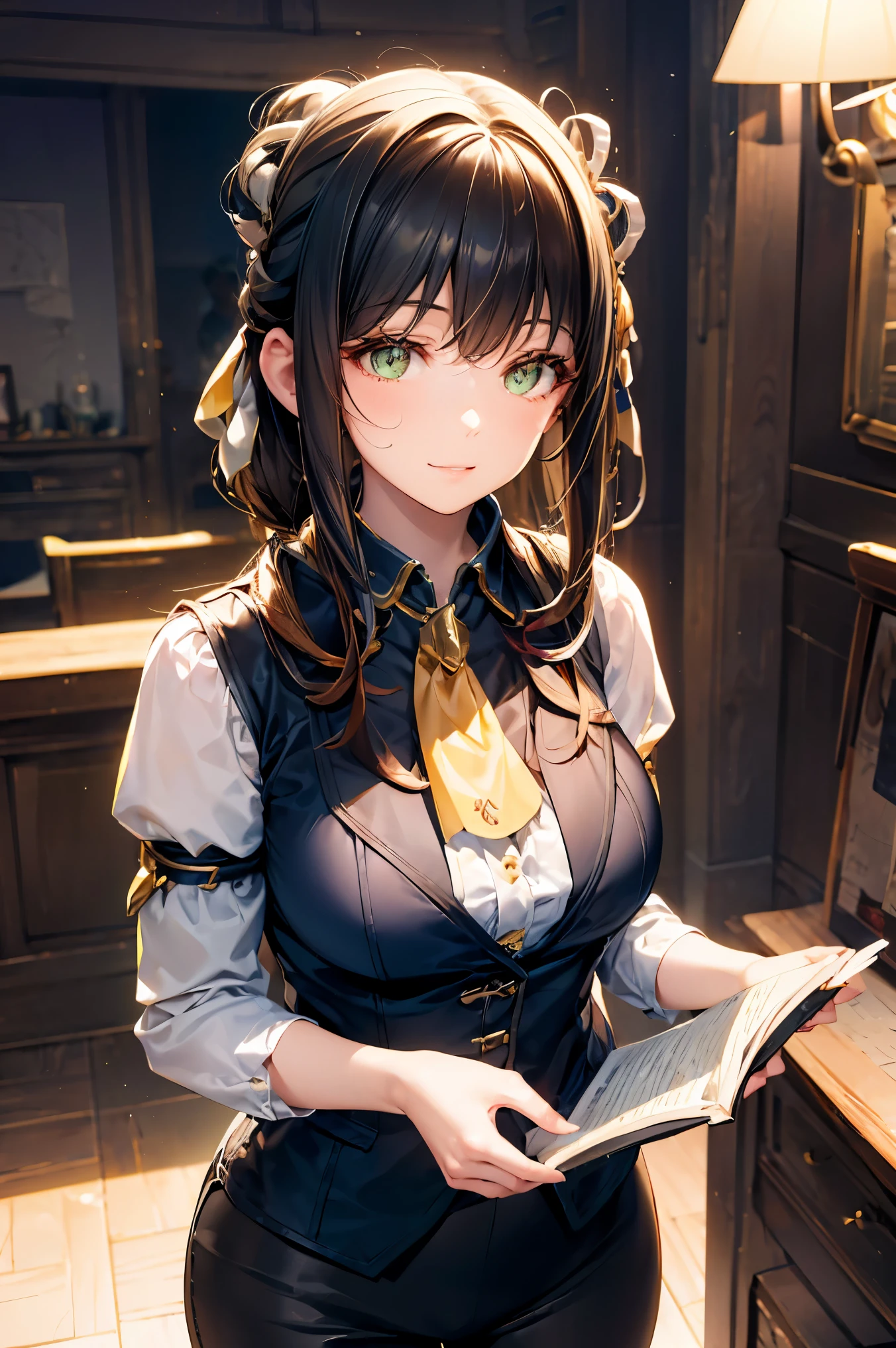 ((Best quality, 8k, Masterpiece: 1.3)), A cheerful and adventurous female receptionist from a fantasy hunting guild, inspired by the 'Monster Hunter' series. She has a warm smile and bright, expressive eyes. She wears a detailed, fantasy-style uniform with leather straps, a high-collared vest, and a stylish scarf. Her outfit includes intricate embroidery, pouches, and a book for recording hunting quests. Her hair is neatly tied with a decorative hairpiece, complementing her energetic and helpful personality. The background features a lively guild hall filled with wooden furniture, maps, and hunting trophies, creating an immersive fantasy setting. The lighting is warm and inviting, emphasizing her friendly and enthusiastic demeanor