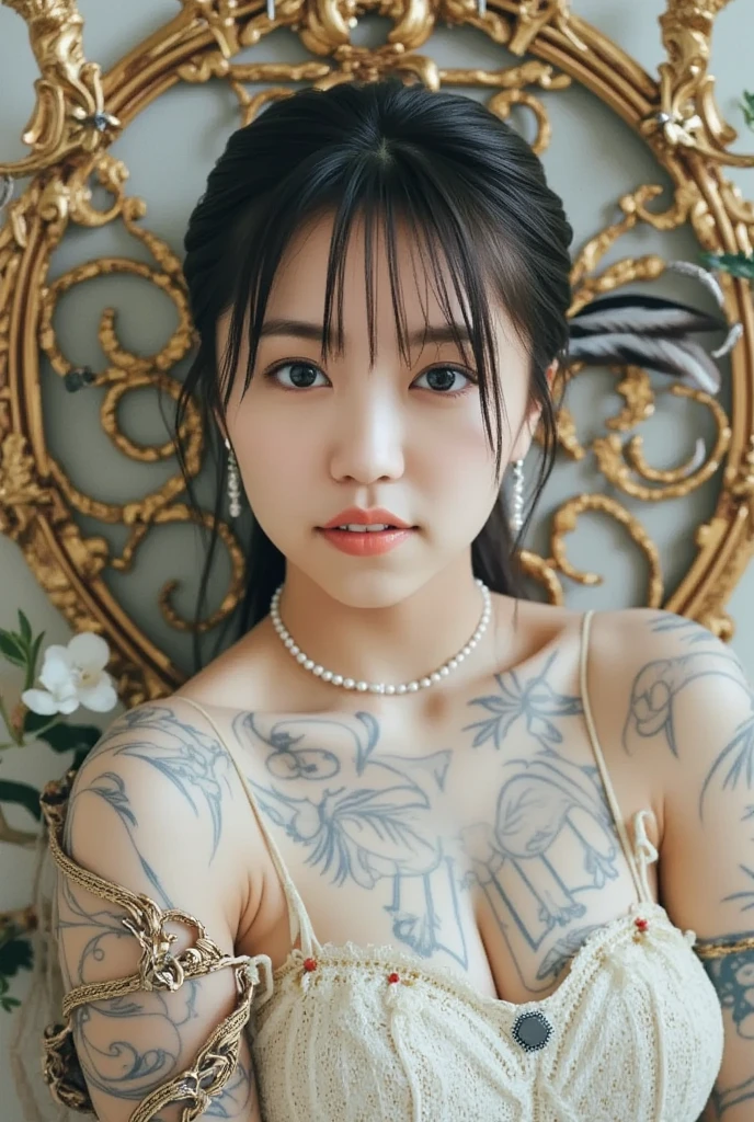 Anime-style woman, thin, thin, whole body, Full of tattoos, Lots of earrings, Beautiful and shiny hair, Rainbow Eyes, Slanted Eyes, Wavy silver hair, Kind and charming, Expose the shoulders, 繊細でセクシーなclavicle, Attractive oval face, double eyelid, Pink Lips, Small Nose, Concentrated face, Ultra-high resolution, Very detailed, Graceful posture, Nice, ultra-thin, Perfect Naked，arm，shoulder，clavicle，chest，Body paint with tribal tattoos on genitals, Glowing Skin, Realistic Background, sunlight，(From below:1.3)，(Looking down, Watch with a viewer:1.3)