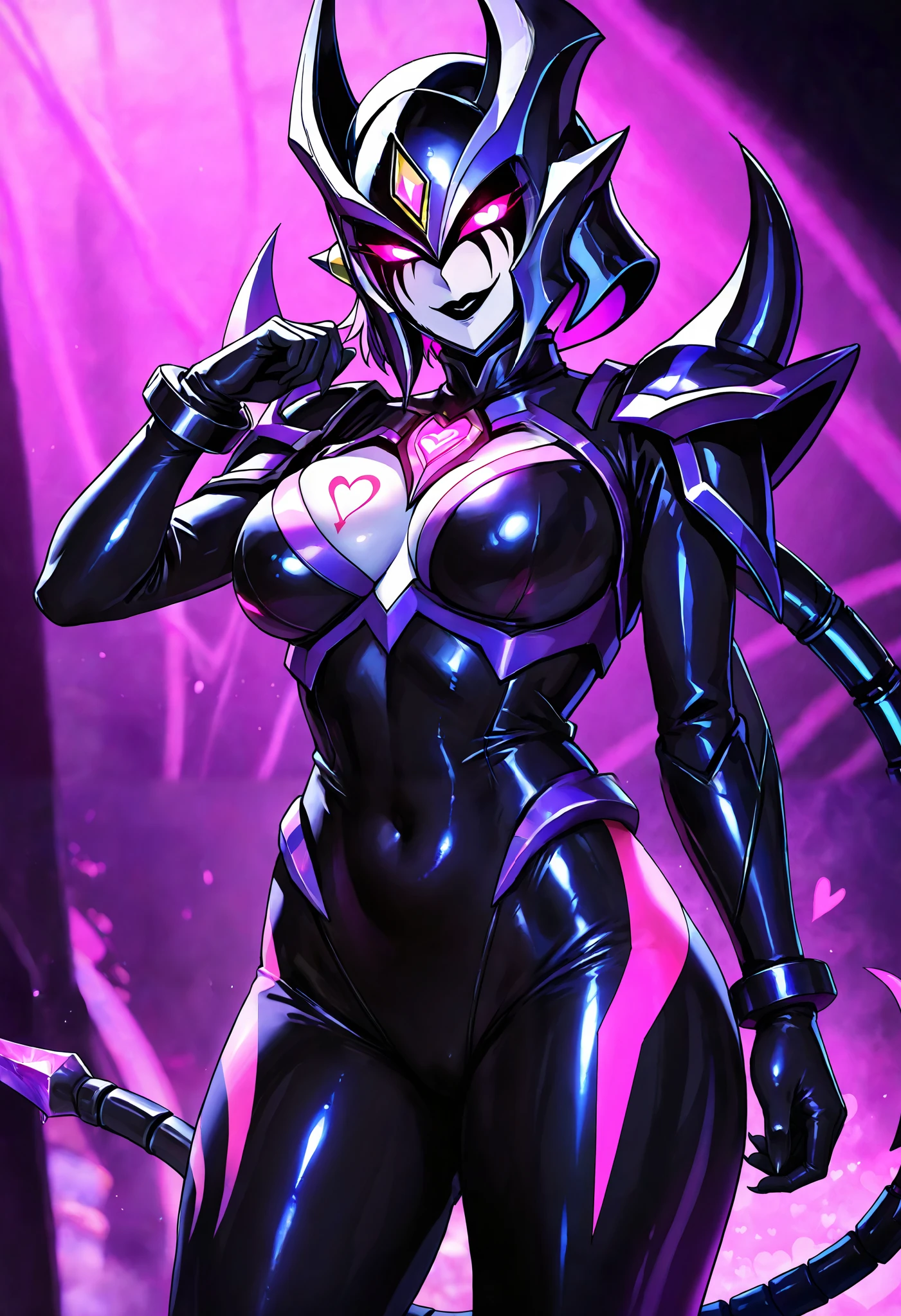Dark UltraWoman. (high quality)(luster)((Black Face and red eyeline))(Black and purple thema color. black helmet. A full-face helmet. Pink lines. Purple glowing mechanical eyes. The whole body is covered with a black bodysuit. Thick legs. Spike decoration. Pink lines all over the body. Heart tattoo . purple coloreye. pink glow crystal. pink sharp claw. Night background.