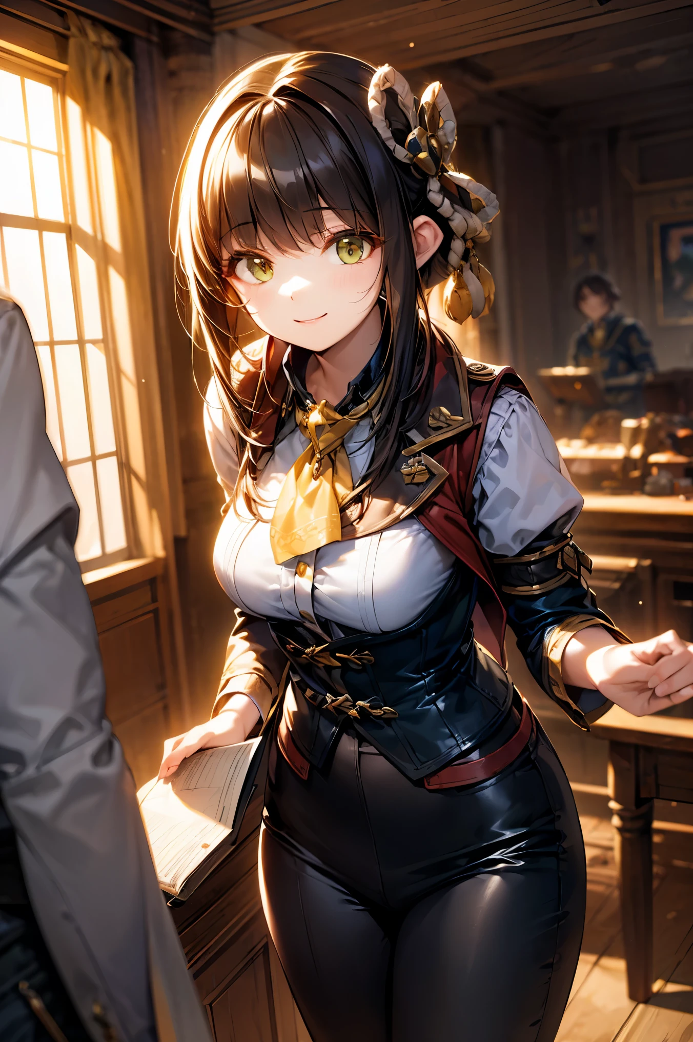 ((Best quality, 8k, Masterpiece: 1.3)), A cheerful and adventurous female receptionist from a fantasy hunting guild, inspired by the 'Monster Hunter' series. She has a warm smile and bright, expressive eyes. She wears a detailed, fantasy-style uniform with leather straps, a high-collared vest, and a stylish scarf. Her outfit includes intricate embroidery, pouches, and a book for recording hunting quests. Her hair is neatly tied with a decorative hairpiece, complementing her energetic and helpful personality. The background features a lively guild hall filled with wooden furniture, maps, and hunting trophies, creating an immersive fantasy setting. The lighting is warm and inviting, emphasizing her friendly and enthusiastic demeanor
