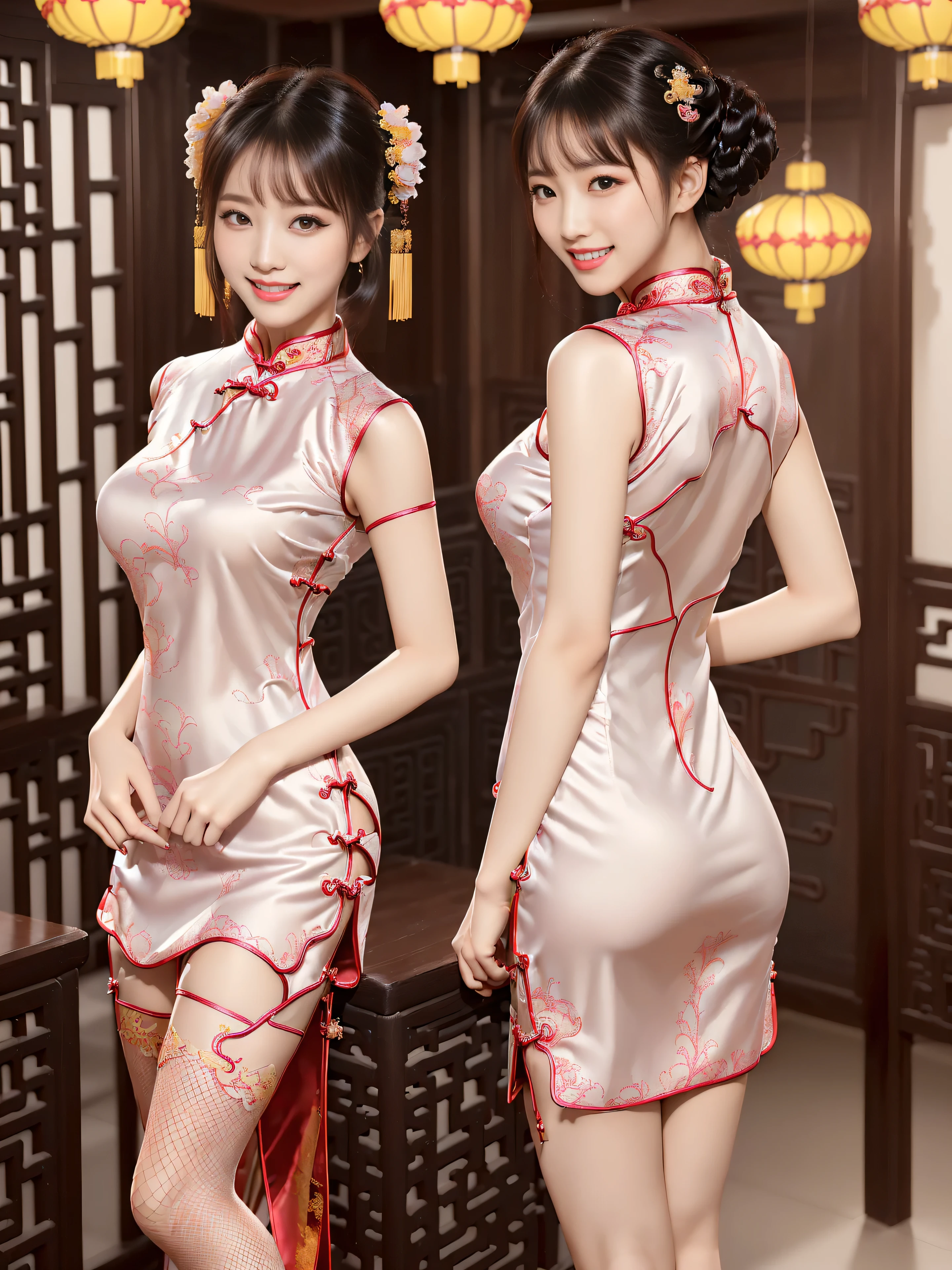 (ultra best quality、超A high resolution、8k、masterpiece:1.3)、Beautiful Women in Perfect Figure:1.4、、Black hair、((Cheongsam in fishnet stockings))、((((((No background)))))、kawaii、extremely detailed face and skin、Detailed eye、Double eyelids、Skinny Legs、erotic、The best smile、(((1a person)))、(Hands folded behind your back)、((The whole body is in the viewer))、The best smile、Extraordinary beauty、Age is s、Facing the front、perfectly proportions、((Cheongsam with dragon design))、Widened slit、length hair、good,