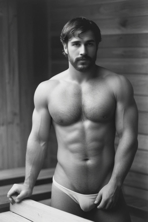 A muscular and tattooed Arab man, wearing white tights with his chest exposed, revealing the soft fur on his chest while soaking in the rain