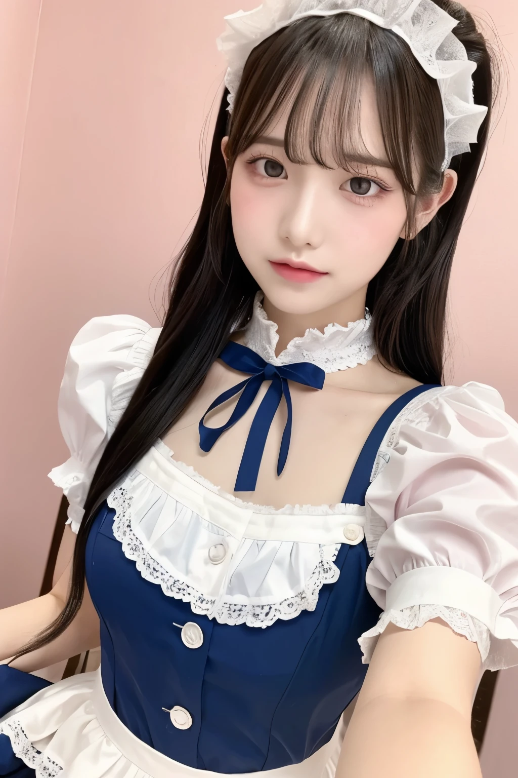 (masterpiece), (extremely detailed), (ultra detailed), (1girl, kawaii:1.3), looking at viewer, corset jumper skirt, BREAK (white garter belt, white stockings, white apron:1.4), BREAK (pale blue clothes, white shirt, short puffy sleeves:1.4), beautiful black hair, (braid), (beautiful and detailed black eyes:1.2), leaning forward, indoors, in diner, laugh, parky, energish,, (embarrassed:0.8),
