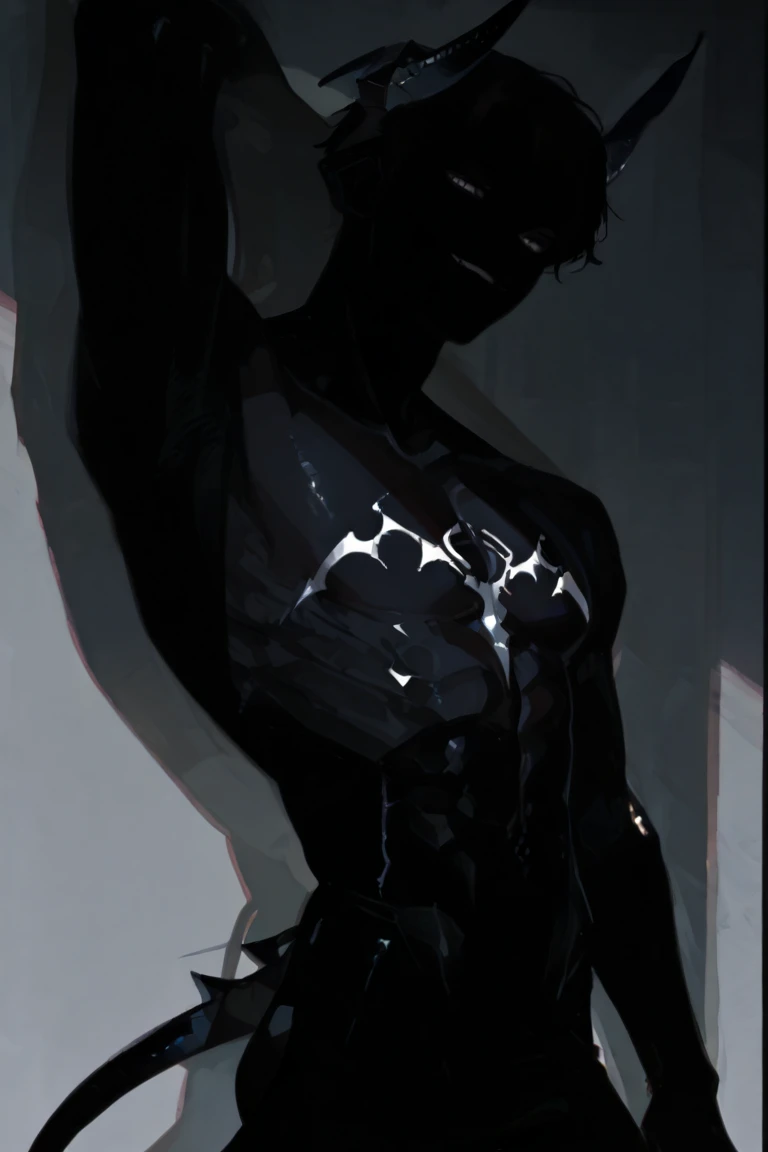 masterpiece, newest, absurdres, safe Solo, high detailed, male, handsome masculine male, Sexy male. Masculine male. Handsome Male, sexy male, Seductive, demon, incubus, horns, white eyes, black skin, shadow skin, silhouette skin, demon silhouette, tail, horns, one eye, shadow demon, pitch black silhouette of a demon, white eyes, glowing smile