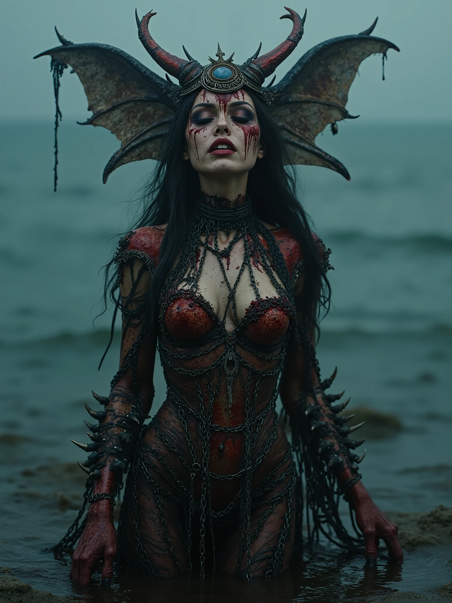 Beautiful Female Chtulhu cosmic entity,chain dress with bones rising from the ocean,with eye of Providence in the middle of her forehead, mental wings growing from the sides of the head,exposed bones on her face and chest,spilled with red and black goo,dark makeup,dark surrealism,dark realistic photography, dark occult art,melancholic dark art, surreal dark art,realistic look,bone and metal chains armour, with spikes on the wrists,cosmic background,flame aura power,nude dark art,death and darkness,black goo everywhere, most beautiful face, serene and heartbroken, razor sharp teeth and open mouth,dark succubus 