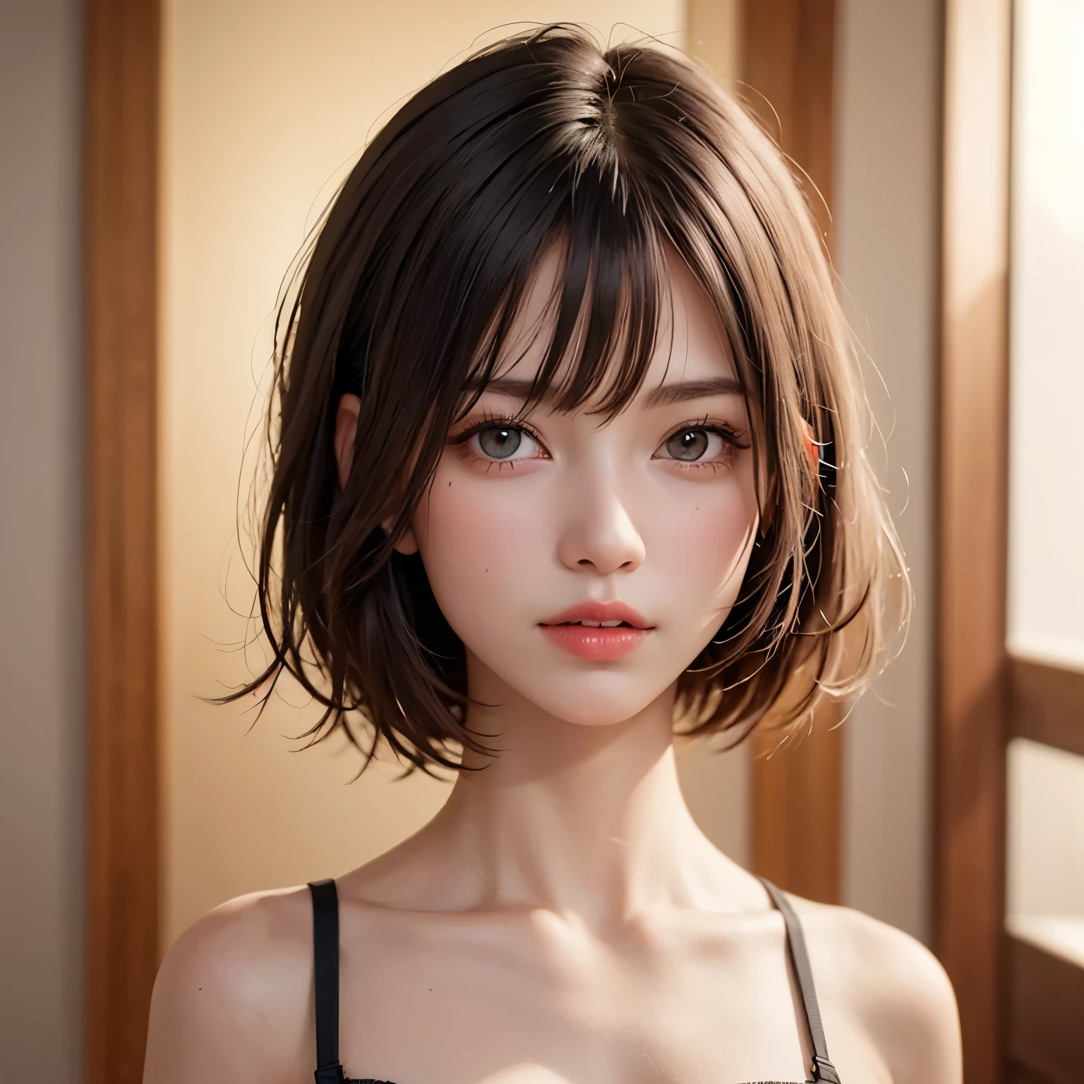 (masterpiece), (best quality), 8k resolution, 1girl, stunning beauty, perfect face, smile, mature female, 30yo, sexy, cropped shirt, bob cut hair, messy short hair, underboob
