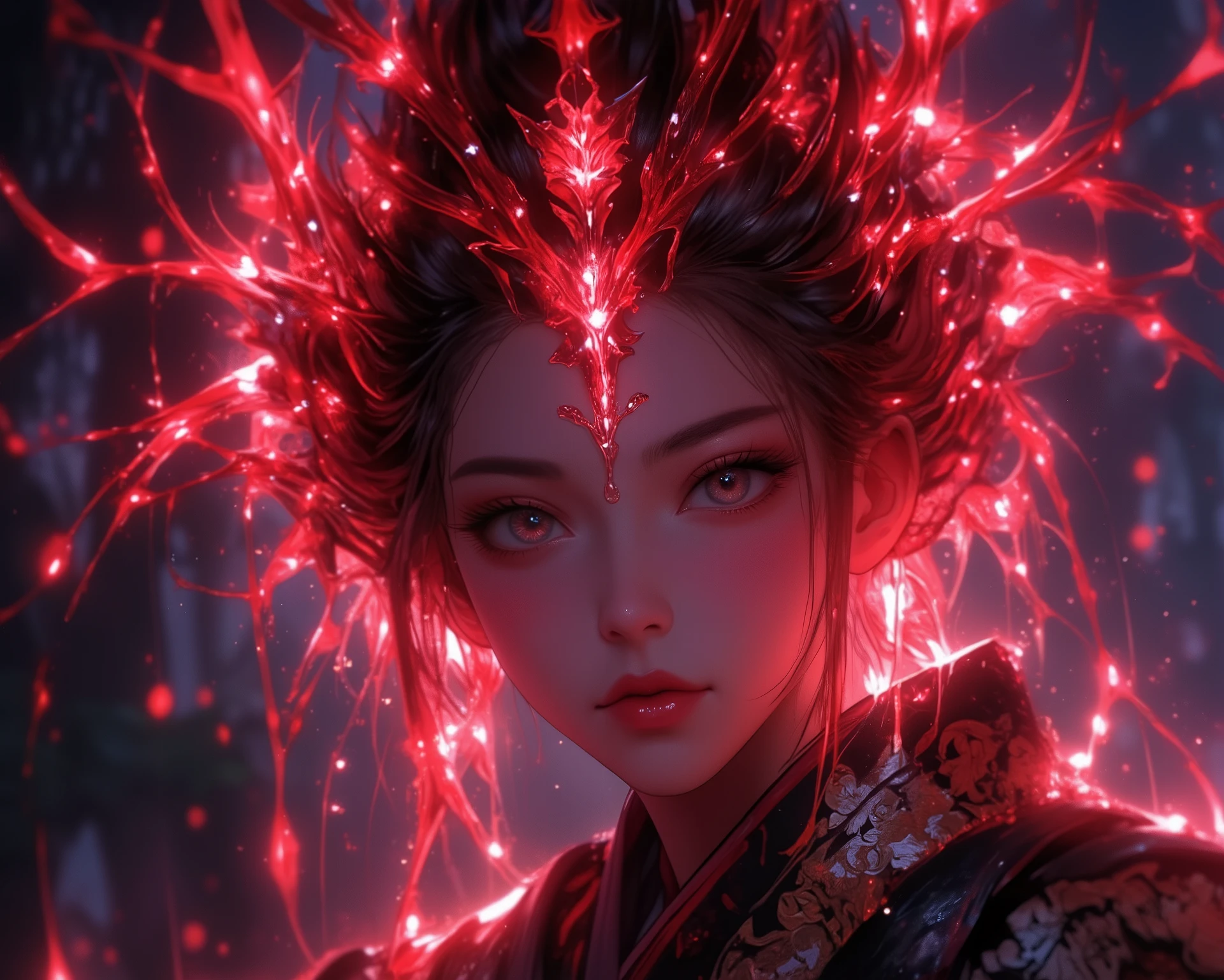 A (((samurai with a glowing red spider Lily on her forehead))), adorned with delicate (((Lily flower patterns))), which seem to radiate out from her face, blending seamlessly with the (((traditional Japanese garb))) that she wears. The atmosphere is one of (serene dew on a leaf), with a soft ((soft pink and deep red hues)) that give off a (subtle evening vibe). A single (((drop of water))) gently falling onto her face completes the fantastical scene, evoking a sense of (intricate artistry) that defies the realm of (hyperrealism).