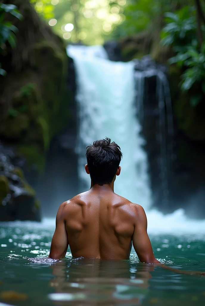 A black-haired man with no clothes on is turning his back. There is a waterfall and orchids.