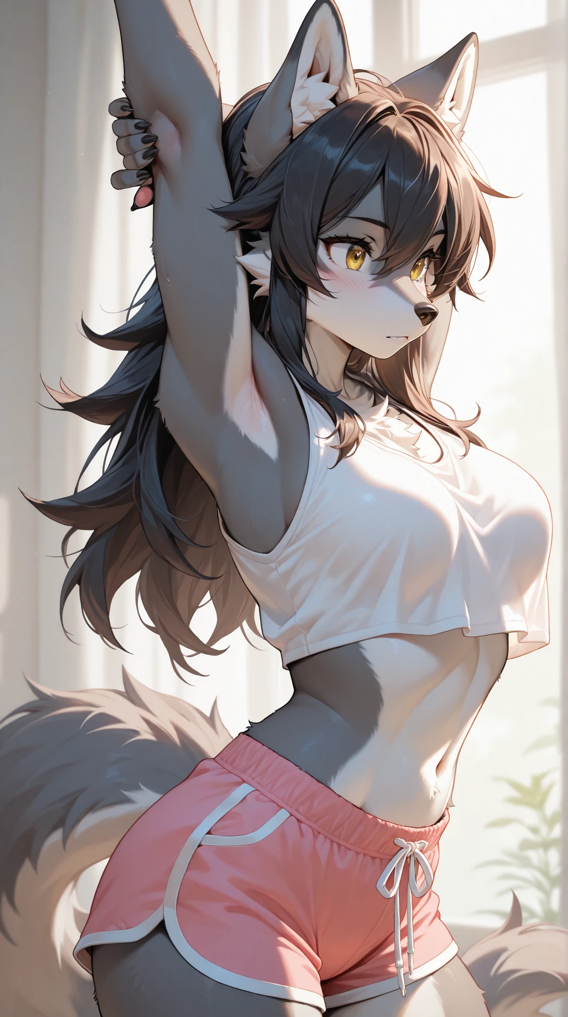 uploaded on e621, ((((from Fensu-san)))), Masterpiece, (Best Quality:1.4), Furry female fox, anthro, snout, Black sports bra, Short shorts, stomach, animal ear fluff, two-toned fur, 가슴, Foxtail, long eyelashes, extra very long hair, Happy, skye, night time, Stars