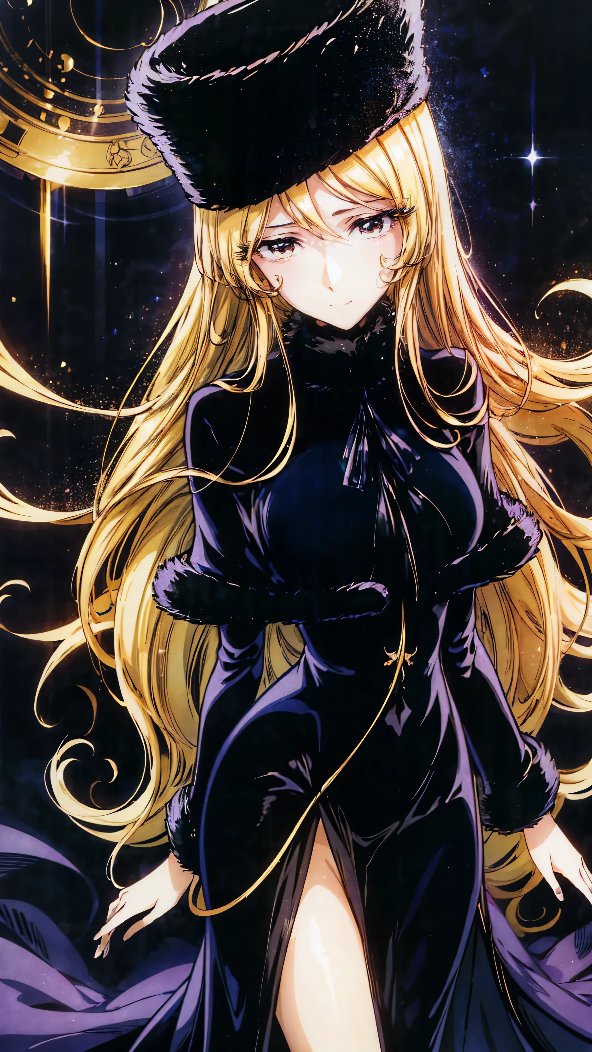 Anime girl in a black dress and hat with long blonde hair - SeaArt AI
