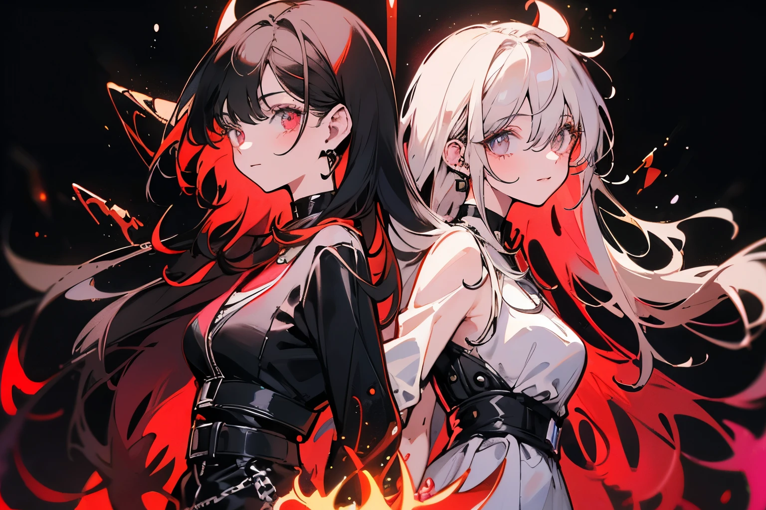2 Women, very tall, beautiful, cool, expressionless face, off shoulder jacket, black clothes, black&red hair, red eyes,red horns on head, small breast, watching the viewer,black background , hands on hips