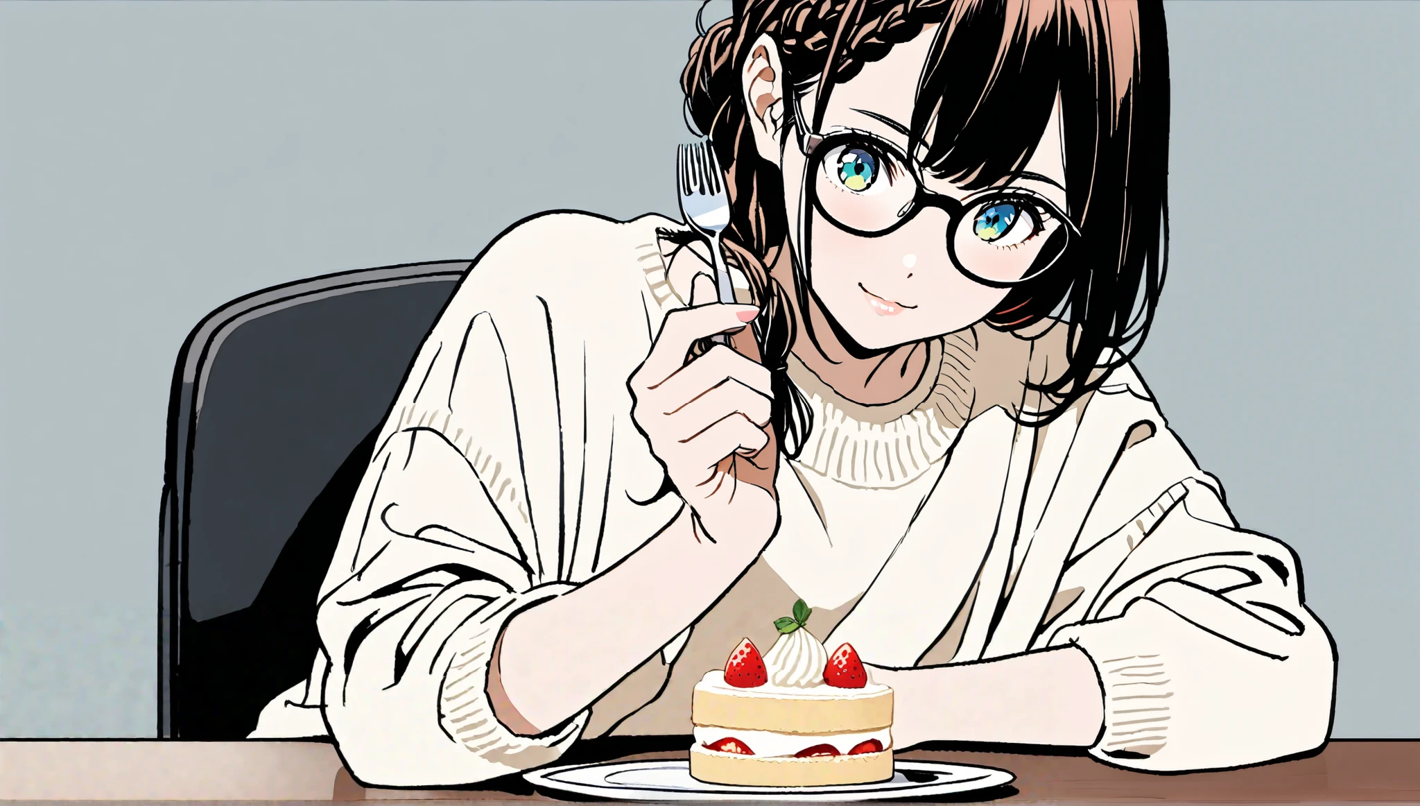((( stares)))、Smile、(((He holds a fork in his right hand))),(((There is a small shortcake on the table))),(((black braid long hairstyle ),()),(Pop Color)),masterpiece,、Highest quality, Beautiful attention to detail, Very detailed, In detail, High resolution, Perfect Anatomy, , , girl, (one person:1.5), alone,((( black rimmed glasses)))、 ( wearing a white long sleeve sweater), ((White solid background))), Background, (City Pop anime), Kyoto Animation, ,anime,